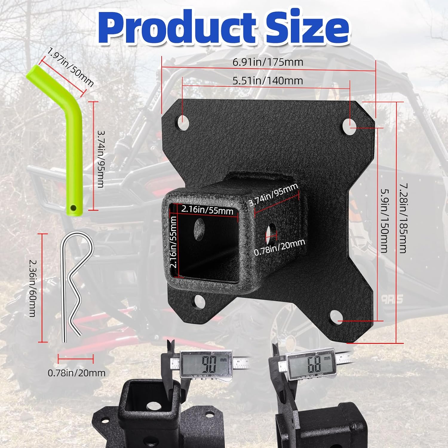 W&JWN 2" UTV Rear Receiver Hitch Compatible with Polaris RZR XP 1000/XP 4 1000 2014-2025 Heavy Duty RZR Hitch Receiver with Trailer Hitch Cover Green Trailer Hitch Pin