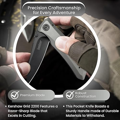 Miniatura 3 de Kershaw - Navaja de rejilla de 3.7 pulgadas, 8Cr13MoV, hoja de borde liso de punto de caída, aleta con una sola mano o apertura de perno para el