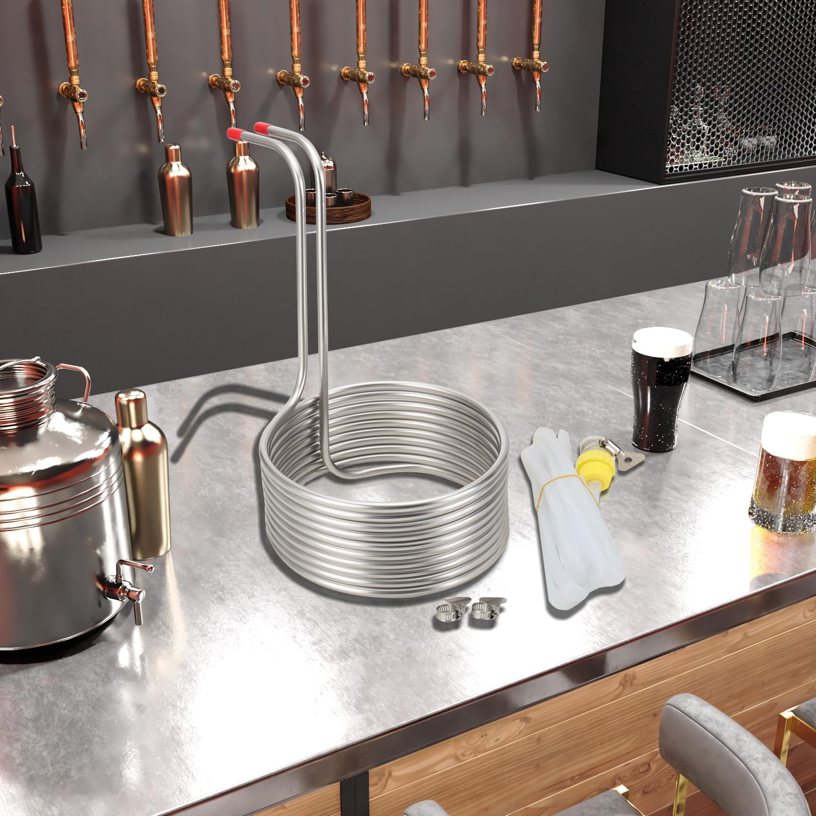 Refroidisseur de Moût, Refroidisseur à Immersion Spirale de Refroidissement à Eau de Refroidissement de Bière, en Acier Inoxydable en Spirale, Comprenant 2 tuyaux, Argent