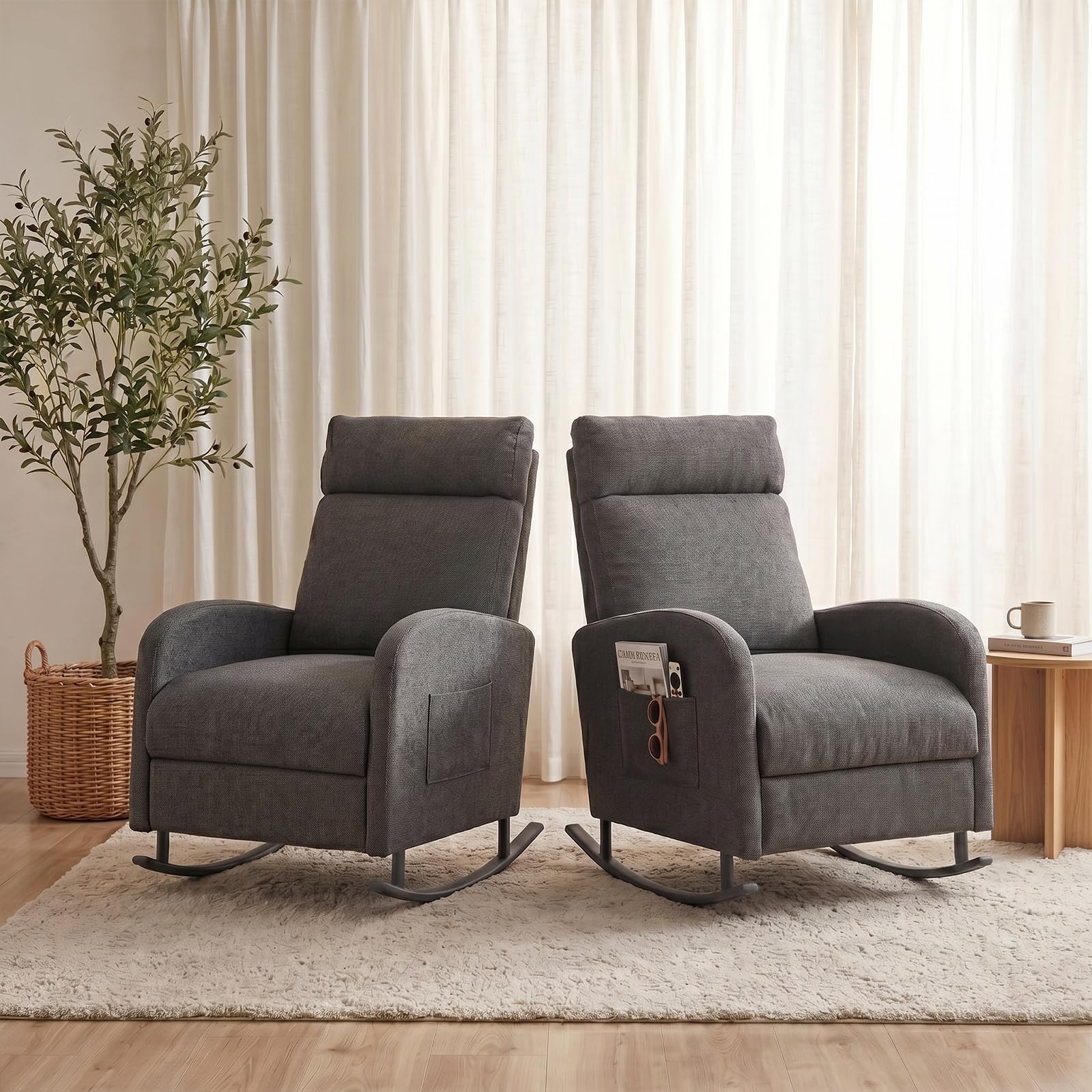 JIEXI Schaukelstuhl mit Gepolstertem, Moderner Schaukelsessel mit Hoher Rückenlehne & Armlehnen, Seiten Tasche, Bis 136kg Belastbar, Relaxsessel für Wohnzimmer, Kinderzimmer, Schlafzimmer, Balkon