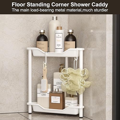 Miniatura 4 de Orimade Organizador de ducha de 2 niveles a prueba de óxido, estante de esquina de plástico empalmado de metal para baño, color blanco
