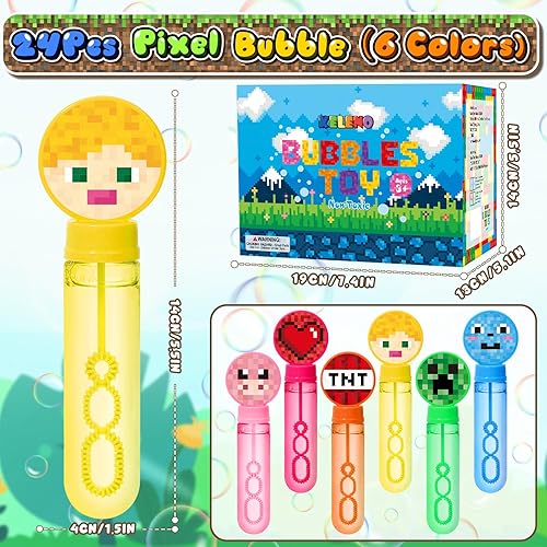 Miniatura 2 de KELENO 24 burbujas de píxeles para fiesta, suministros de cumpleaños de minero para niños, mini varitas de burbujas, caja a granel, regalo de