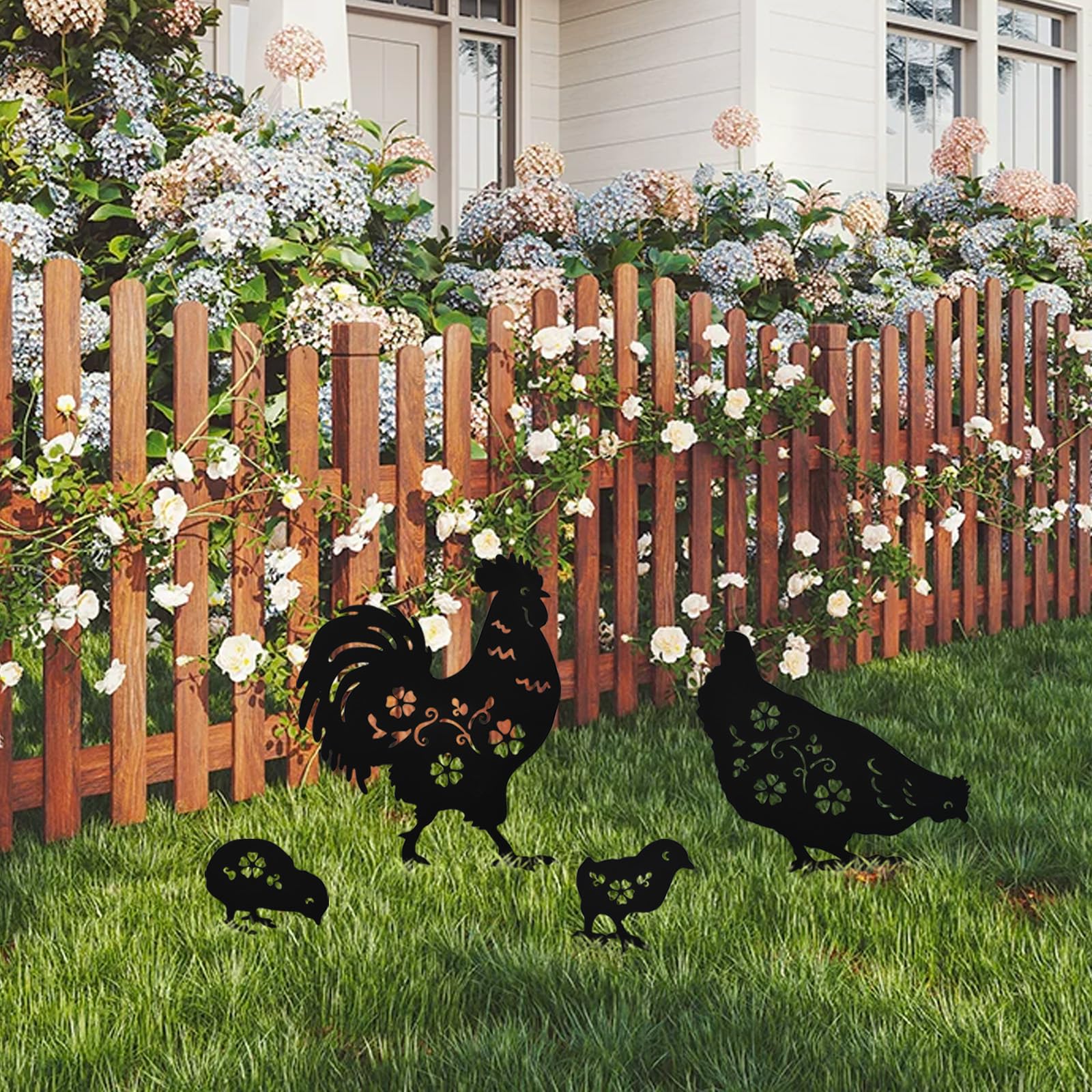 Lot de 4 décorations de jardin en métal, décoration de coq, cadeaux pour dames et messieurs, silhouette de coq noire, statues pour l'extérieur, jardin, cour, terrasse