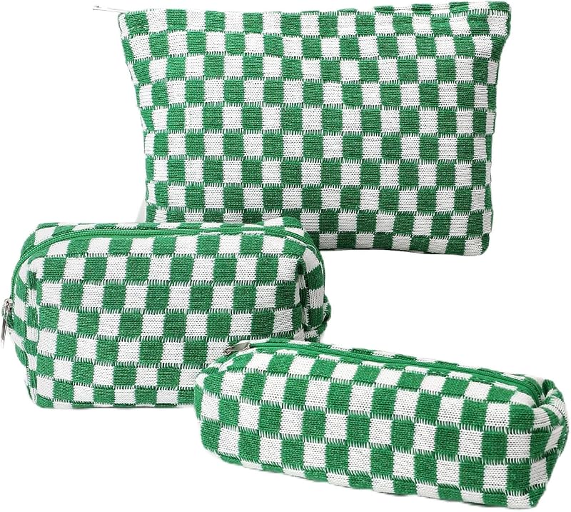 EIMMBD Kit com 3 Necessaires de Maquiagem Xadrez Verdes com Zíper
