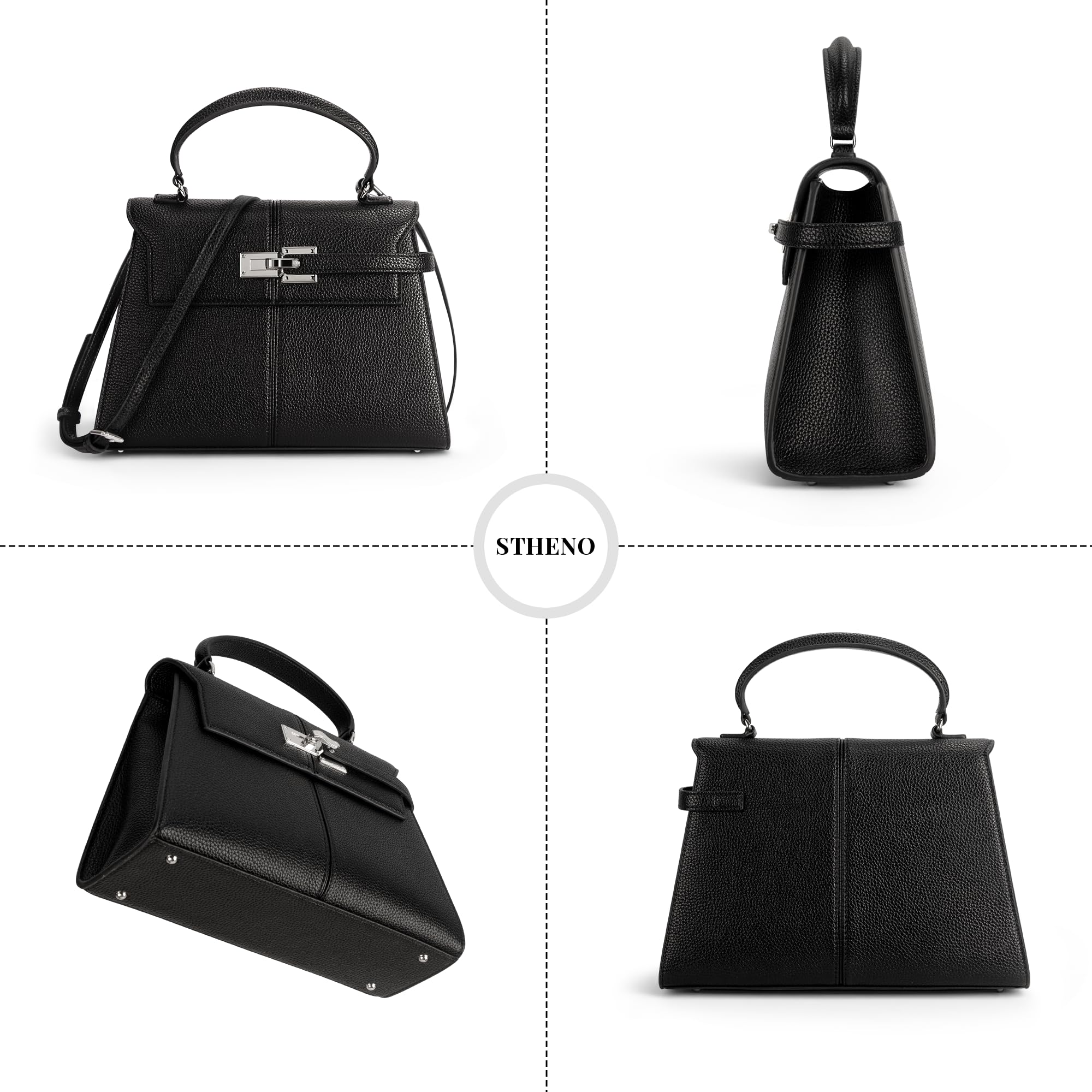 Women's Top-handle Handbags– Vegan Leather Vintage Top Handle Design with Adjustable Strap, Fashion Commuter Crossbody Bag, BLACK, Large