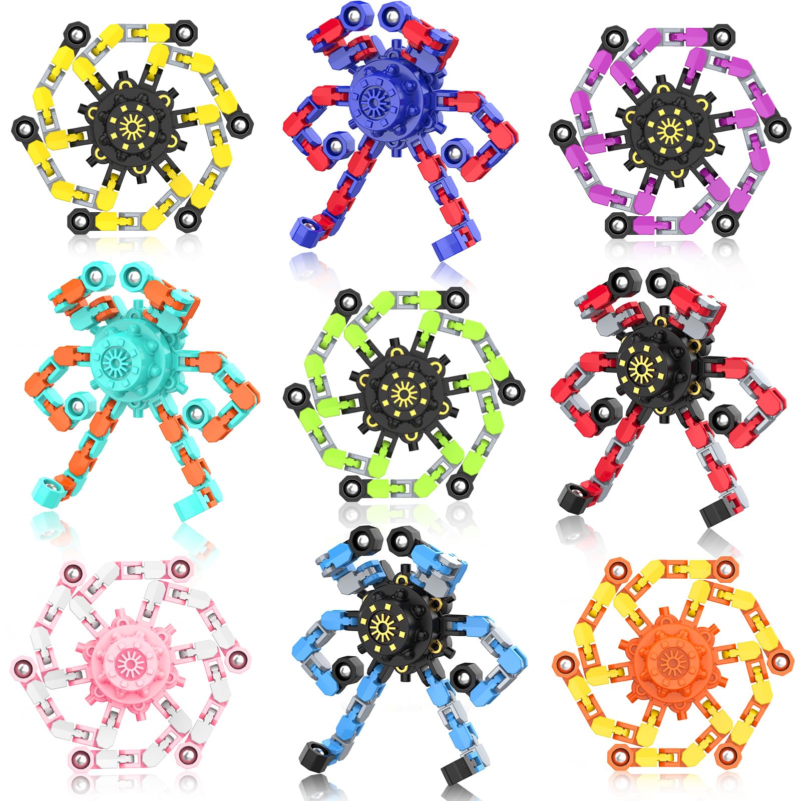 Transformable Fidget Spinners,9PCS Funny Sensory Fidget Toys Adults Deformable Chain DIY Robot Spinner,Fingertip Stress Relief Gyro Toy Halloween Party Favors Christmas Stocking Stuffers for Kids
