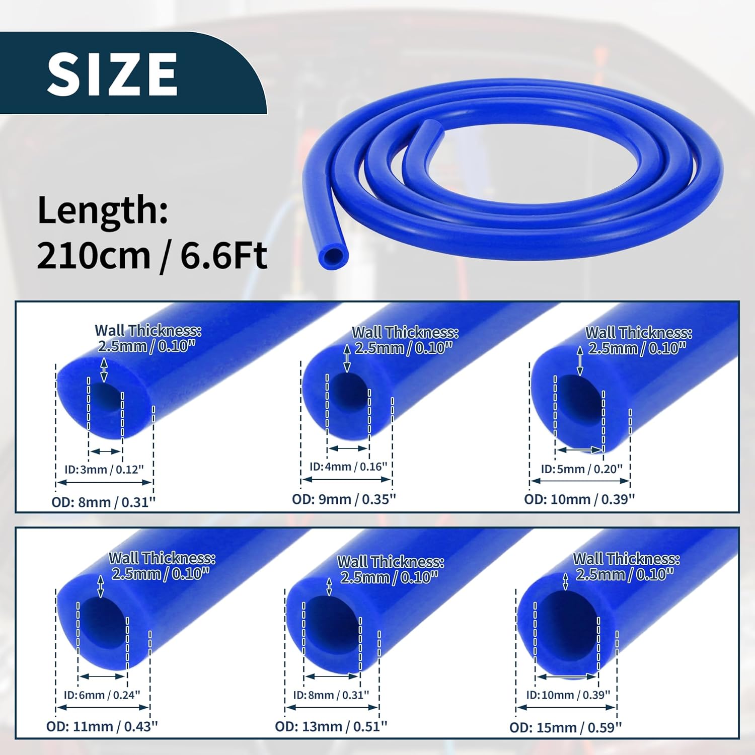 Silicone Vacuum Tubing Hose 130PSI Max Pressure Automotive Vacuum Line Blue with Vacuum Connector 1 Set 6.6Ft 3/4/5/6/8/10mm ID 2.5mm Thickness