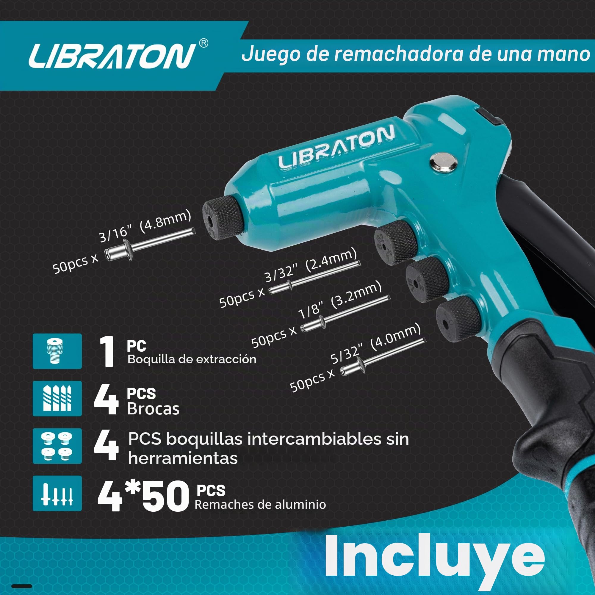LIBRATON Remachadora Manual, Pistola Remachadora, Remachadora Profesional con 200 Remaches (2,4 mm/3,2 mm/4,0 mm/4,8 mm) y 4 Brocas HSS, para Metal, Madera y Plástico