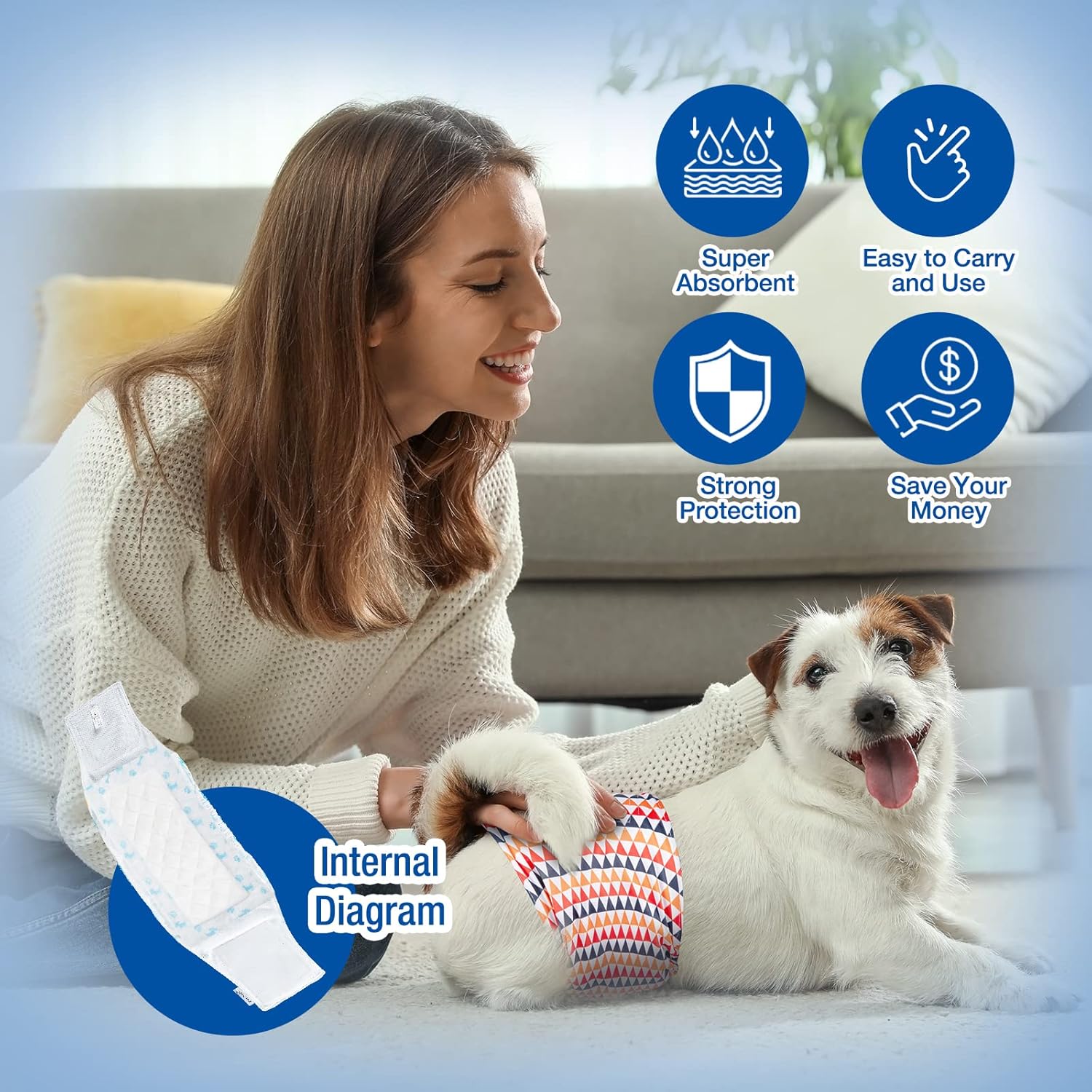 Pet Soft Disposable Dog Diaper Liners Booster Pads - Fit for Most Washable Dog Diapers & Dog Belly Bands Wraps, Ultra Absorbent for Marking, Incontinence, Female in Heat (Blue,XL-50)