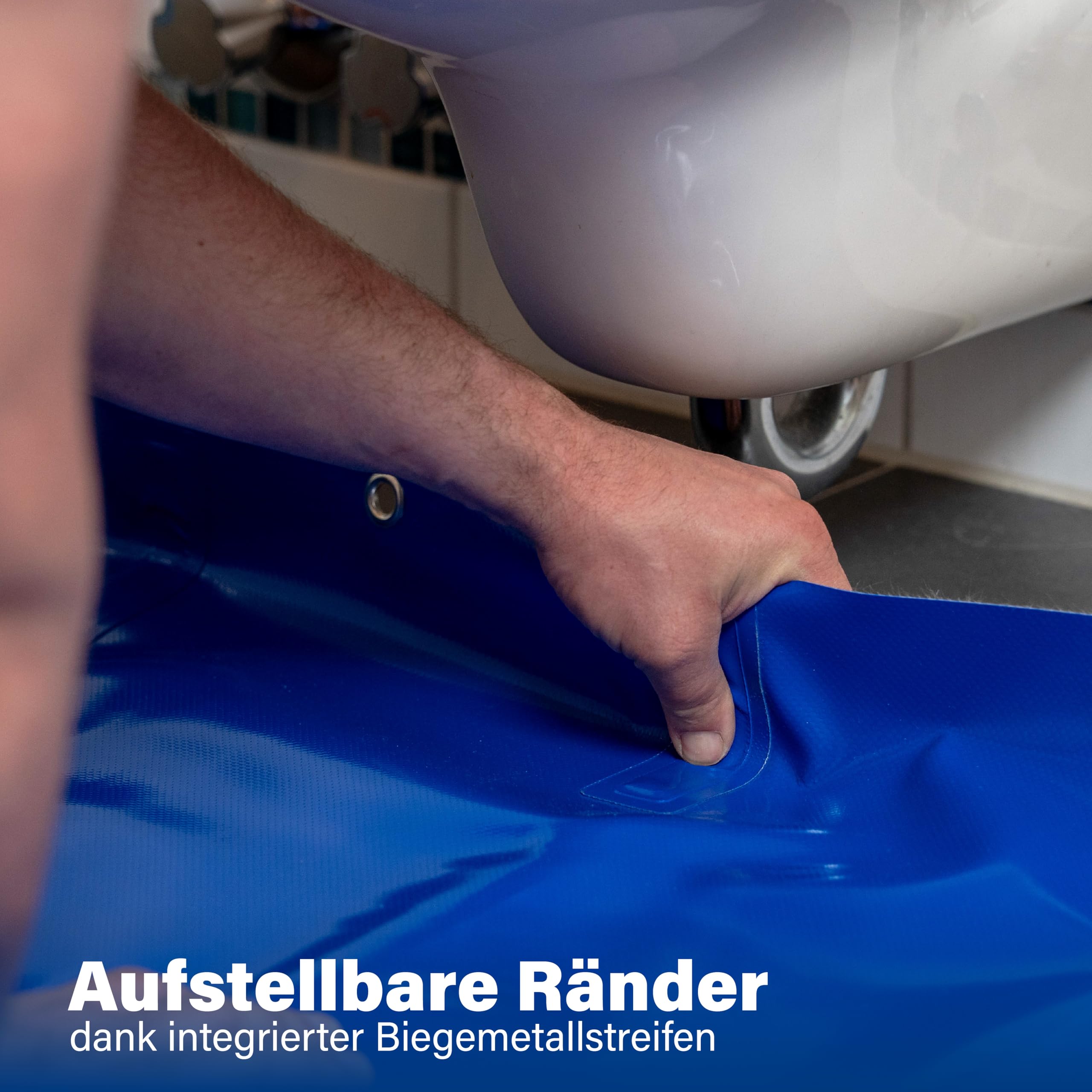 DerBlaue® Unterlegwanne – Faltbare Schutz- und Auffangwanne für SHK, Werkstatt & Baustelle, robuster Auslaufschutz für Schmutzwasser und Öl, Werkzeugablage & Umgebungsschutz (110 cm x 85 cm)
