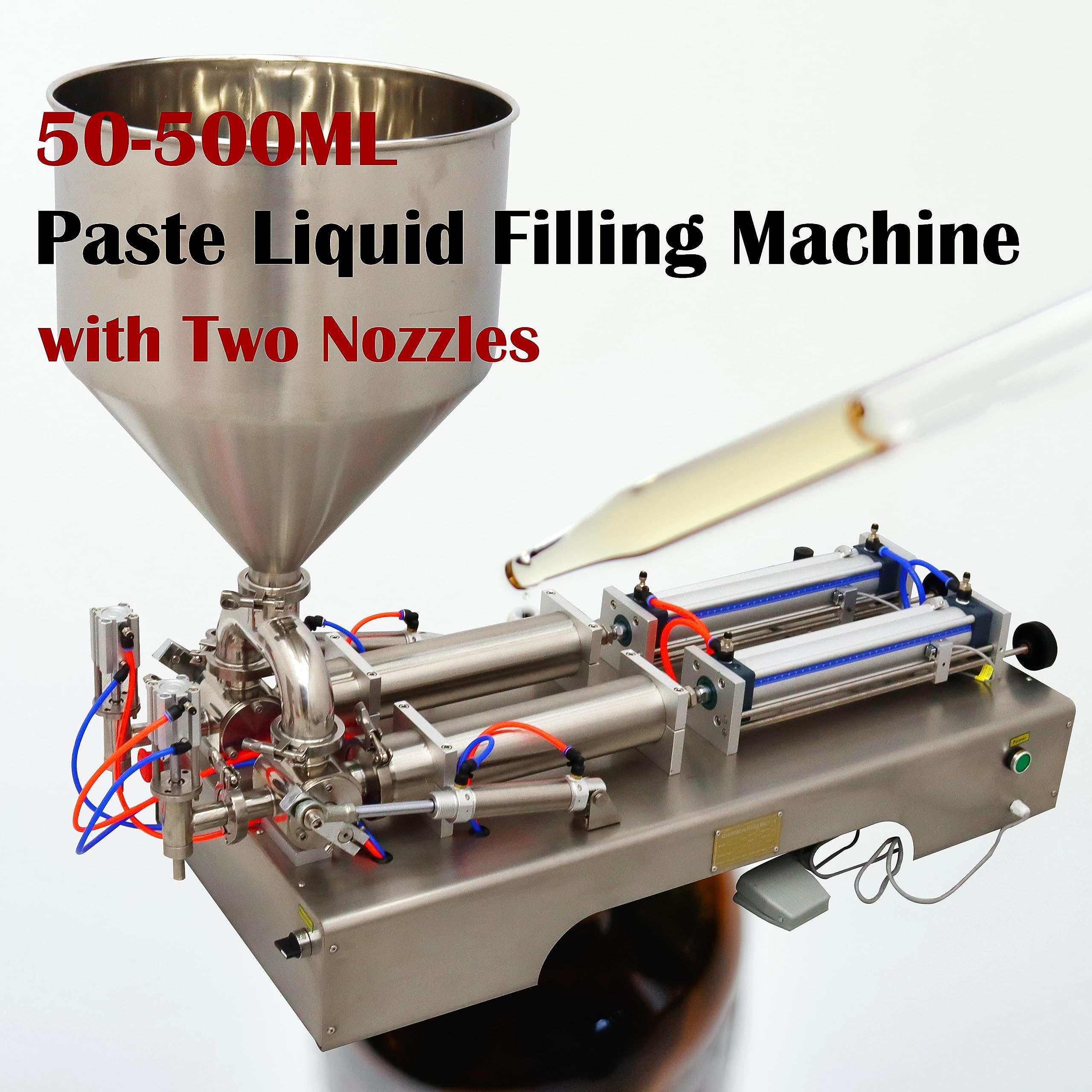WYDDDARY Pneumatic Paste Liquid Filling Machine 50-500ml Liquid Paste Fill Machine 110V Stainless Steel Bottle Filler with Two Nozzles for Liquids, Pasty Fluid, Oil Silver