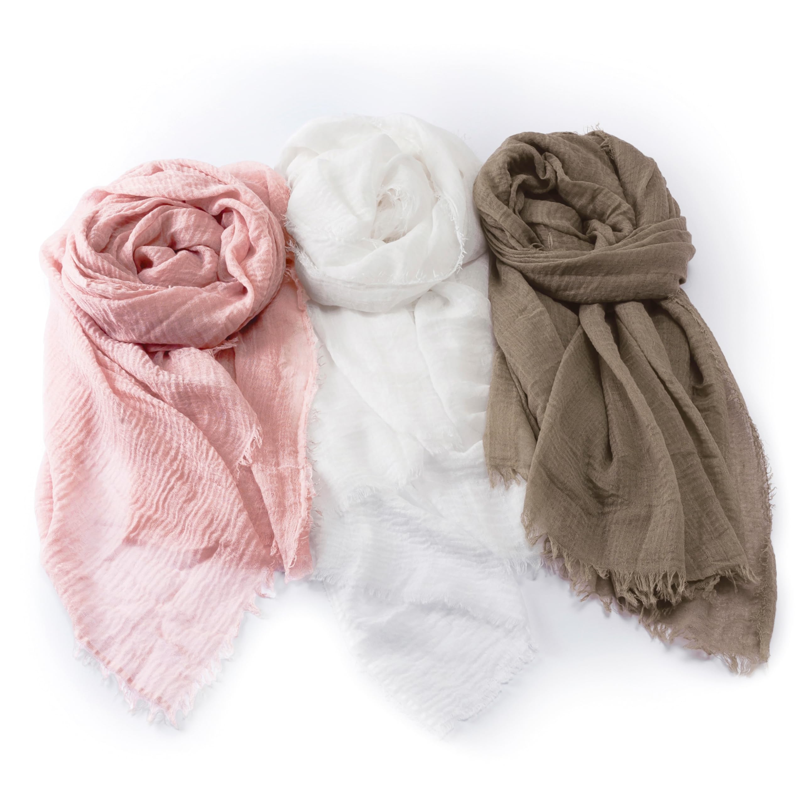 Pack de 3 pashmina rosa francia, blanco y piedra con faja decorativa 180x90cm.