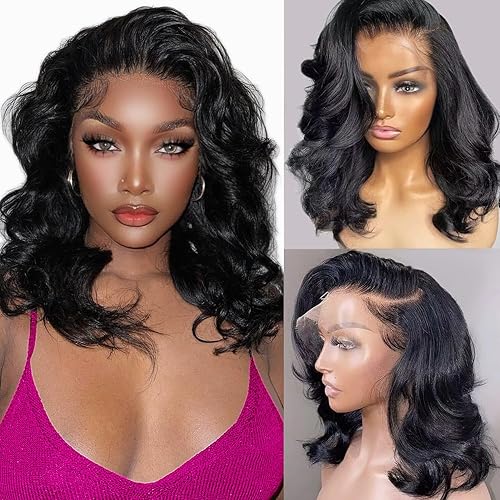 Bob Wig Human Hair 200 Density 13x6 Body Wave HD Lace Front Wigs Human Hair Glueless Lace Frontal Bob Wigs Short Bob Wigs for Black Women Pre Plucked with Baby Hair Human Hair Wig (14 inch, Bob Wig)
