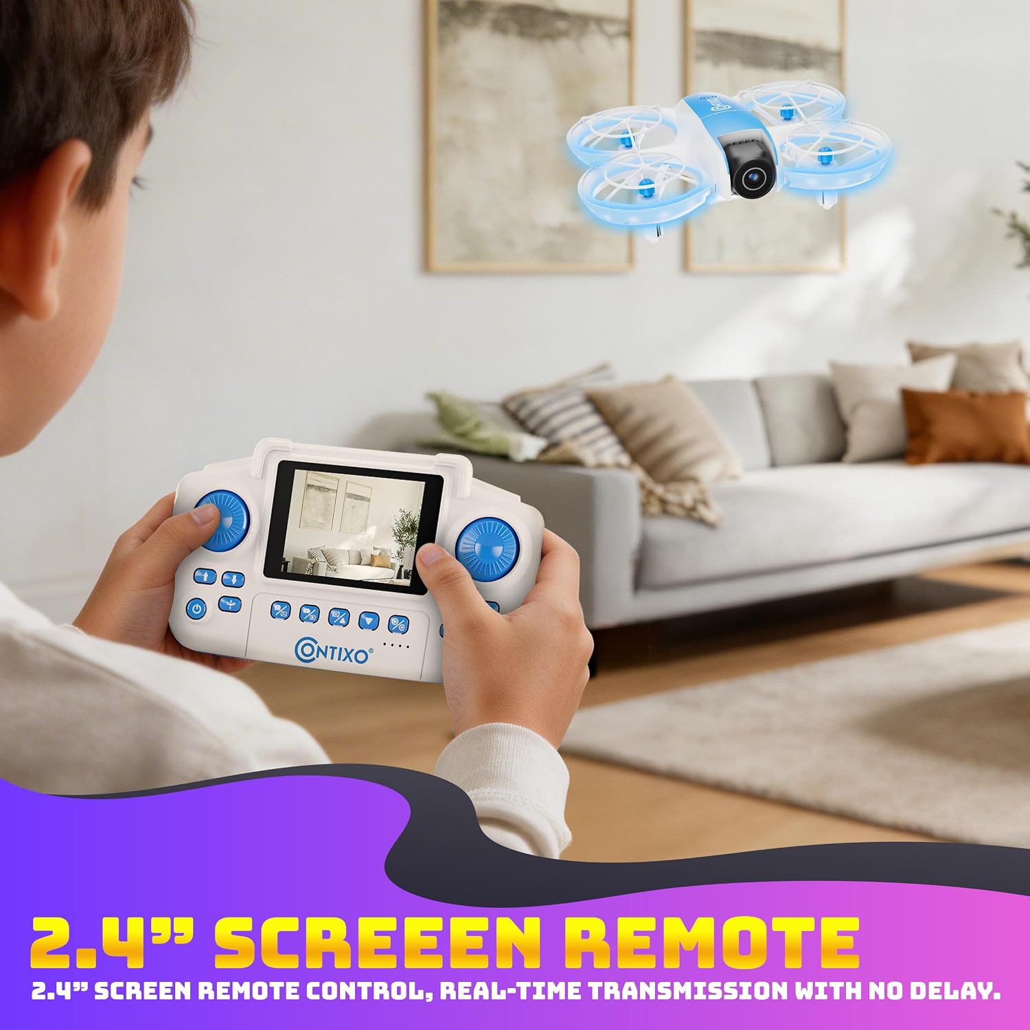Child holding the Contixo F15 Astro Mini Drone remote controller with live video feed on screen