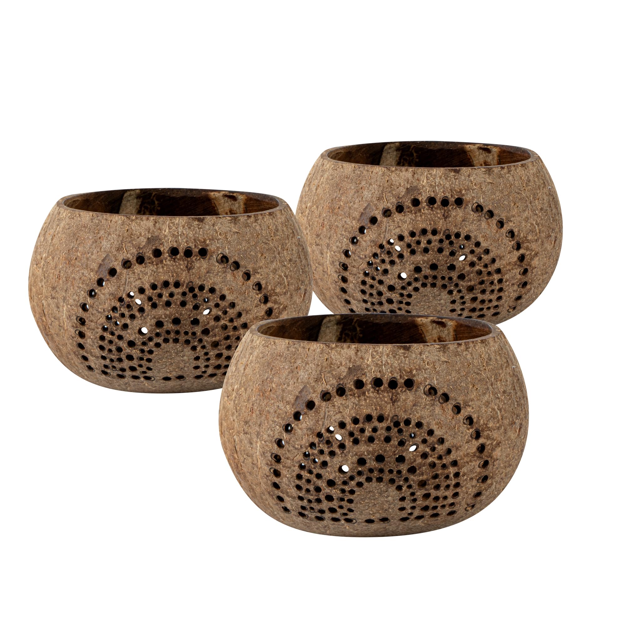 Restaurantware Coco Casa Tan Handmade Coconut Shell Candle Holder - Rainbow Pattern - 4" x 4" x 3 1/4" - 1 count box