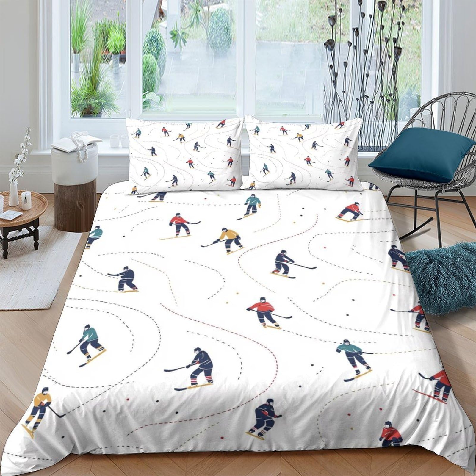 Ctjqhvkz Style-8 3D Printed Skiing Pattern Fitted Sheet Microfiber Soft Breathable Hockey Theme Mattress Cover For Bedroom Dorm Decor Single（135X200cm）