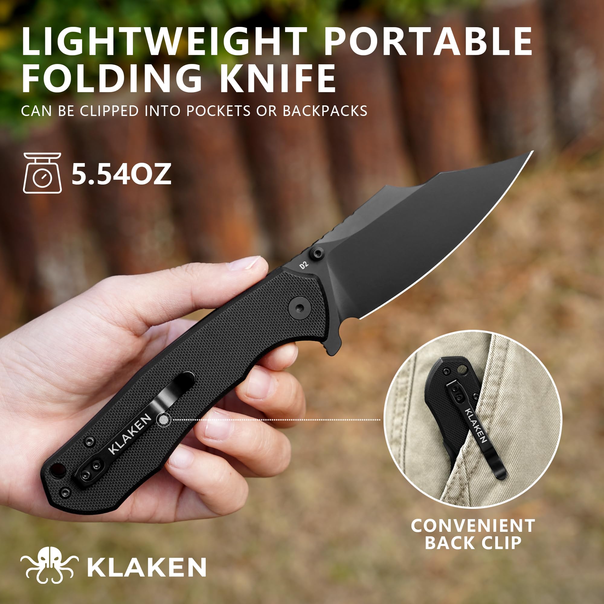 KLAKEN Specter Broad D2 Folding Pocket Knife, G10 Survival Outdoor Knife view 4