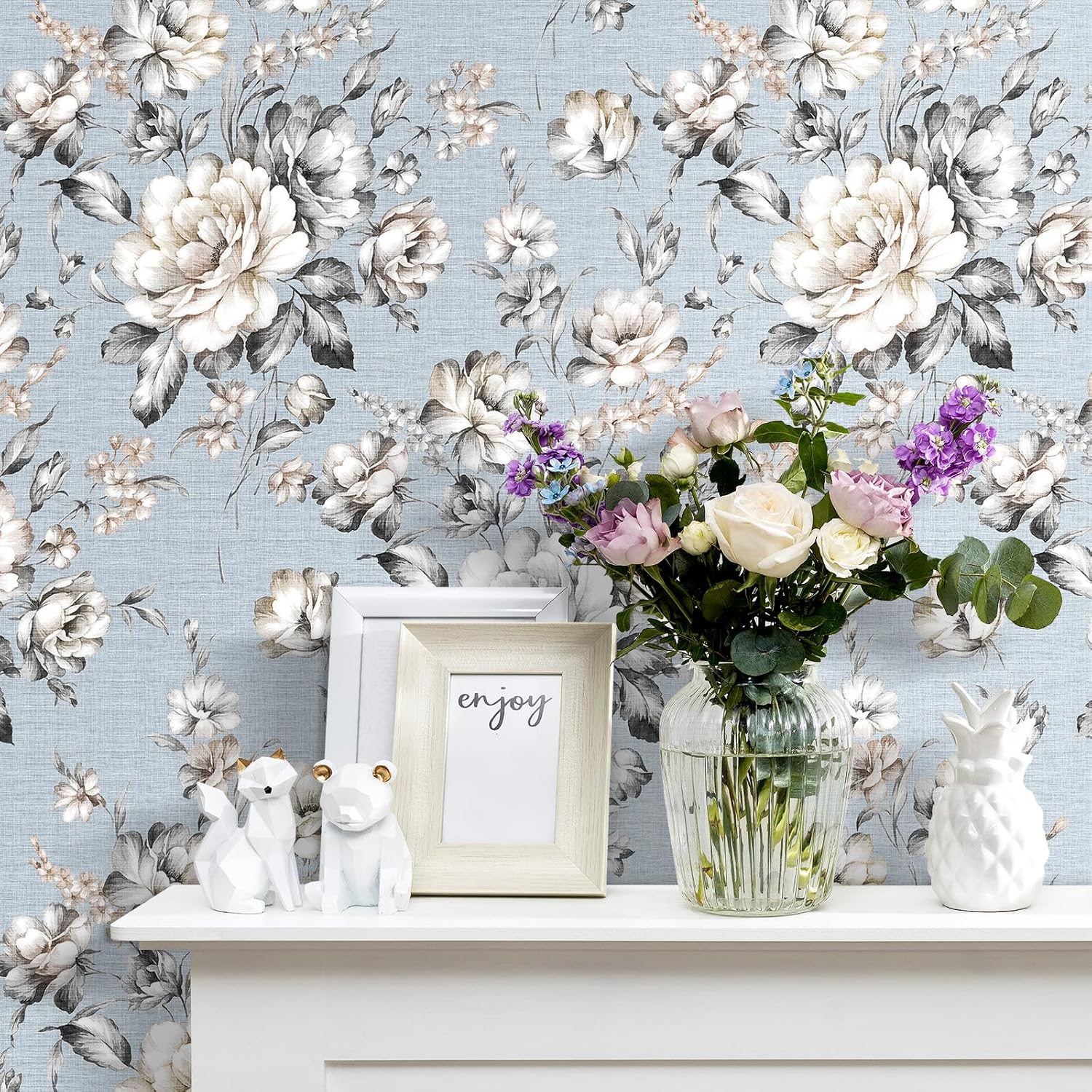 17.5x475 Vintage Floral Peel and Stick Wallpaper Floral Toile Wallpaper for Bedroom Bathroom Accent Walls Blue and White Peony Contact Paper Self Adhesive Flower Contact Paper for Vanity Table