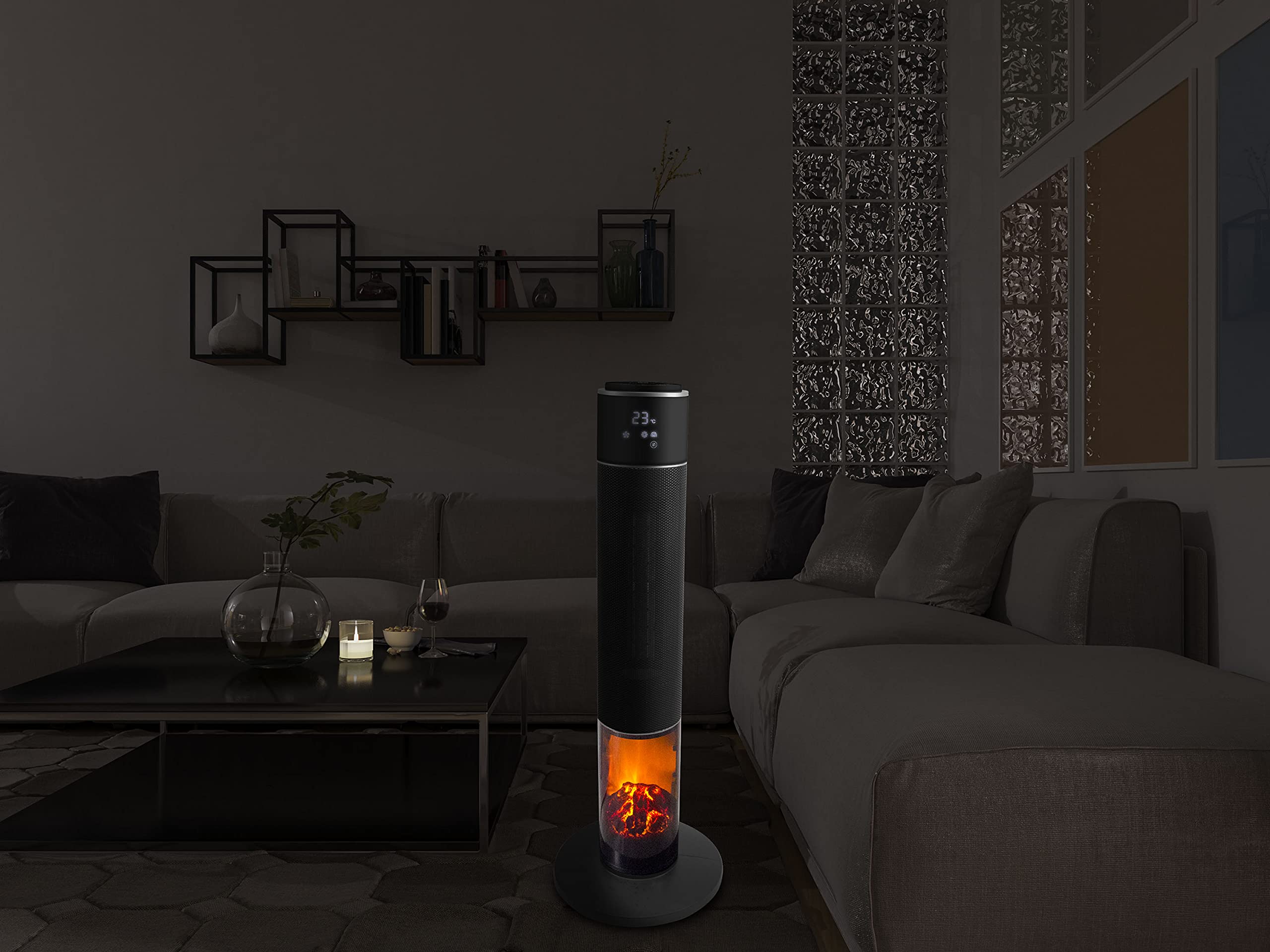 BEPER P203TER001 Termoventilatore Ceramico a Colonna con Telecomando, Timer e Oscillazione Automatica - Termoventilatore Basso Consumo con Luce LED ad Effetto Fiamma, Nero