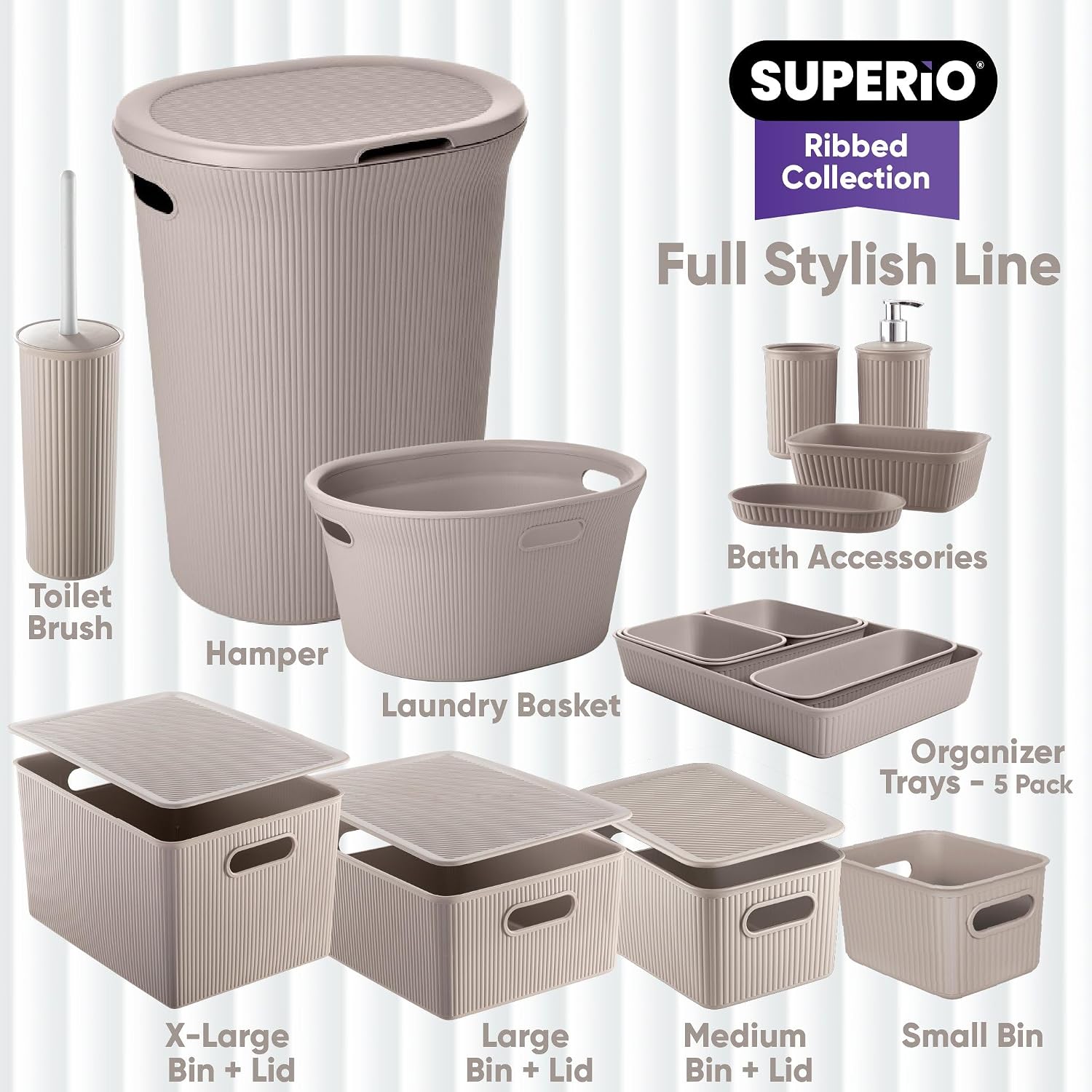 Superio Ribbed Collection - Decorative Plastic Bathroom Accessories Set, Taupe (Set of 4) Soap Dish, Liquid Dispenser, Toothbrush Holder Cup, Vanity Organizer Tray Bathroom Countertop Decor Gift