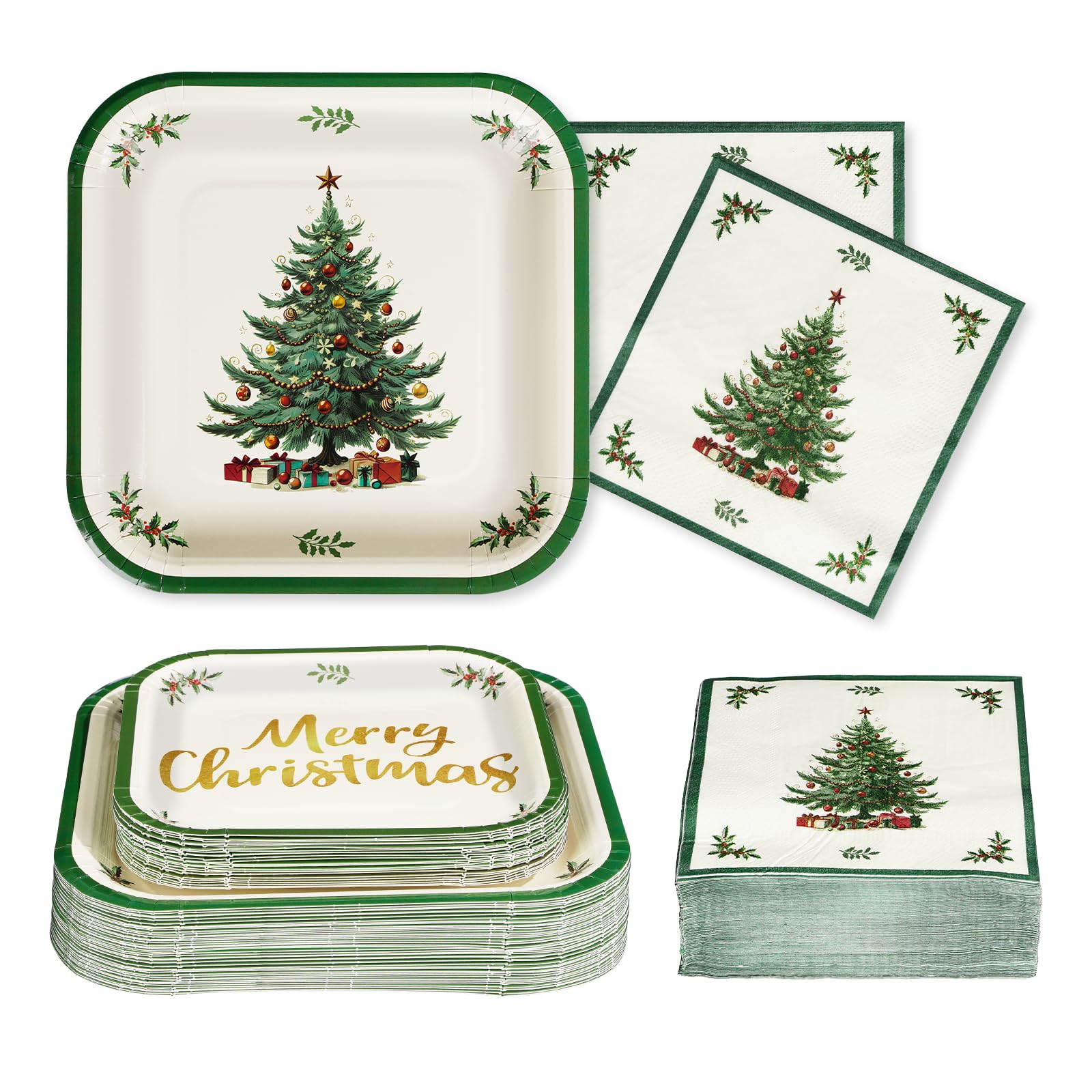 200Pcs Christmas Party Supplies 400GSM Xmas Holly Leaf Tree Plates and Napkins Tableware Sets Merry Christmas Birthday Decorations for Wedding Holiday Festive Xmas Winter Theme Party Decor Serves 50