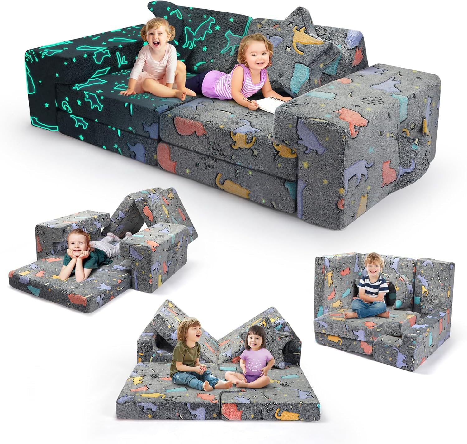 Divano gioco modulare in schiuma per bambini, composto da 10 pezzi, conforme alle Con effetto luminoso (Divano per bambini - Set da 9 pezzi - Colore luminoso)