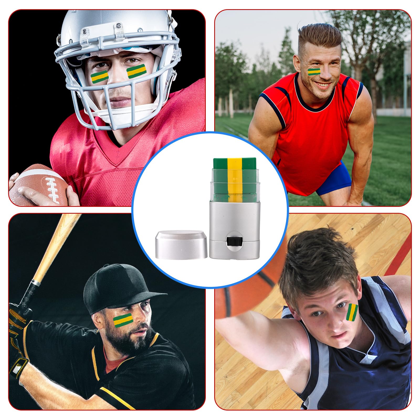 4pz Matita Pittura Facciale Sportiva, Sicurezza Anti-Abbagliamento Miscelabile Pittura Facciale 3 Colori per Football Americano Calcio Softball Baseball per Adulti Atleti (Verde Giallo Verde)