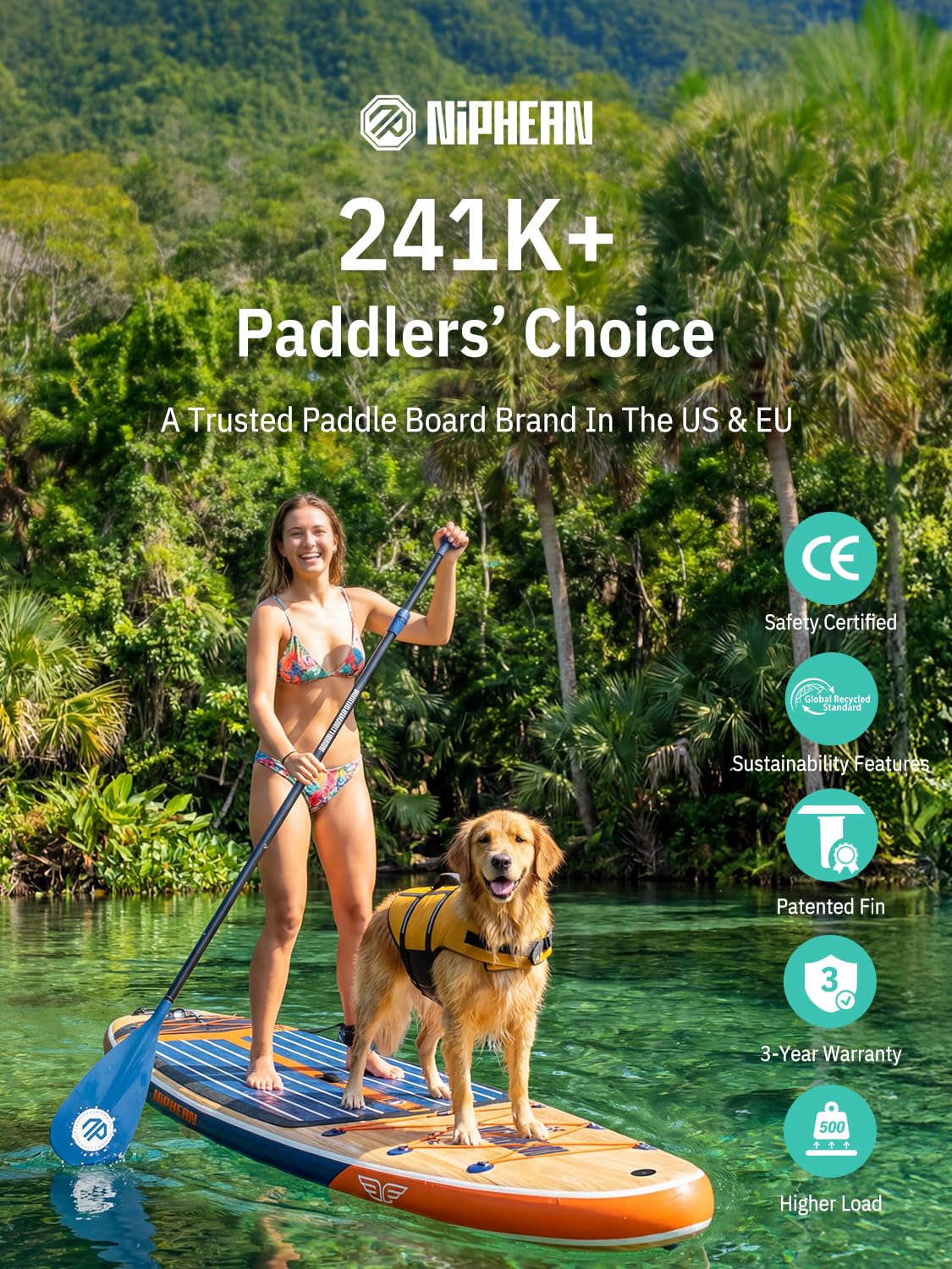 Niphean (Extra Large) Inflatable Paddle Board, SUP for 2+1 People/Family 500lbs Capacity Stand Up Paddle Board with SUP Accessories, StabilTrac Fin Non-Slip Paddleboard for Adults - 3