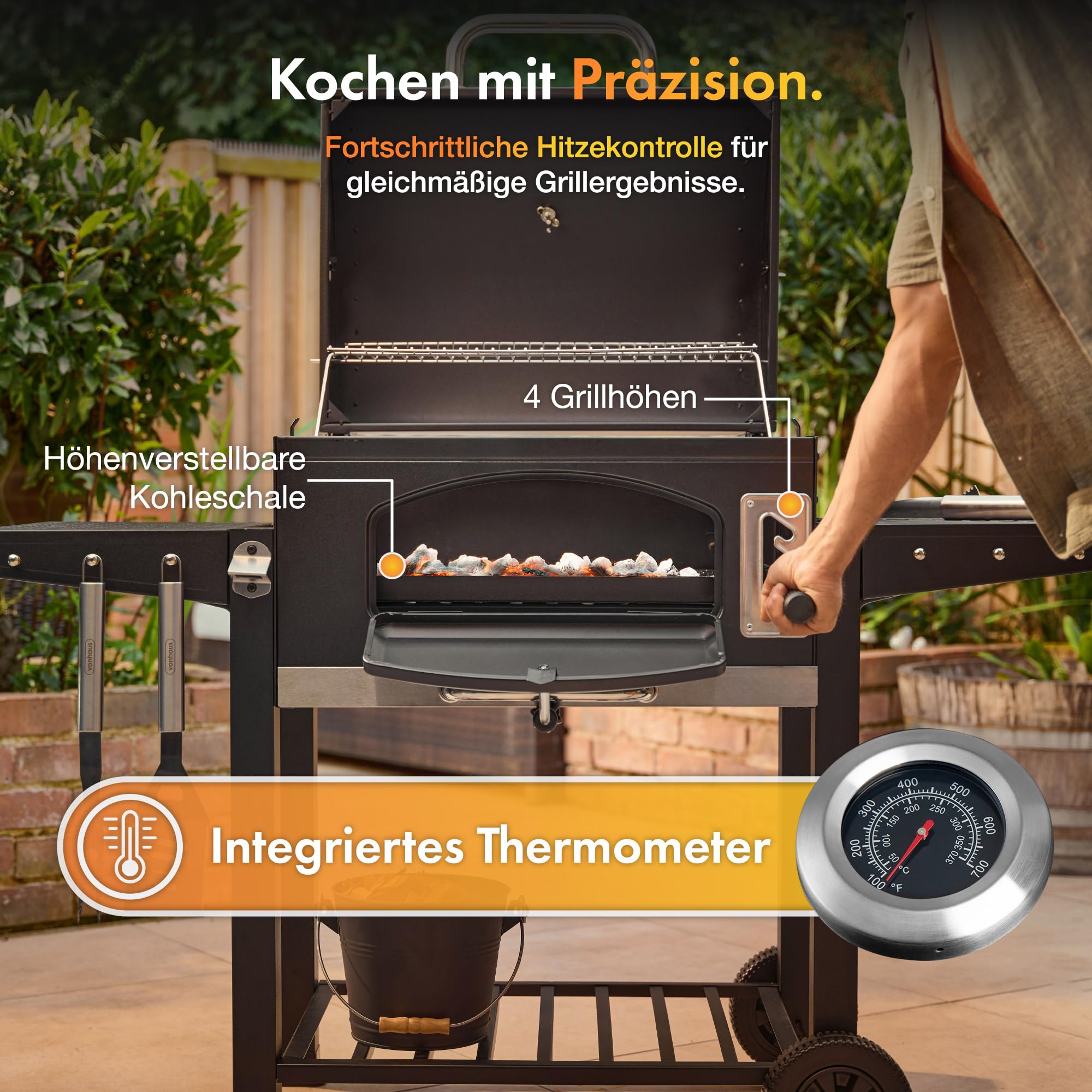 VonHaus Holzkohlegrill XL, Amerikanisher Barbecue 2-in-1 Grill und Smoker mit Warmhalterost, Klappablagen, Temperaturanzeige, Grillrost, Luftventilen, Tragbar, Für Fleisch, Fisch und Gemüse