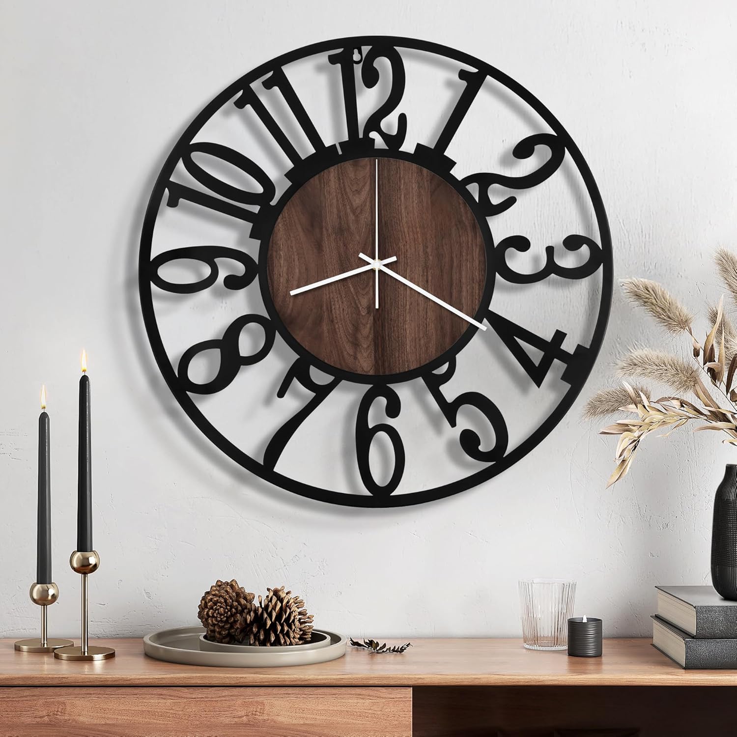 Maxstar Wall Clock Battery Operated,Silent Non-Ticking Modern Rustic Metal Round Clocks Small for Living Room/Bedroom/Office/Kitchen/Farmhouse Home Decor-16 Inch(Brown-Wood) Brown 16 Inch