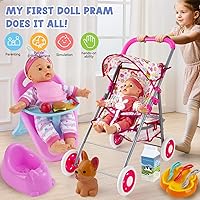 Vista 2 de Set de juguetes de cochecito de muñeca de seppacio con muñeca de 31.75 cm para niñas de 3-7 años, cochecito plegable, silla de comedor, accesorios