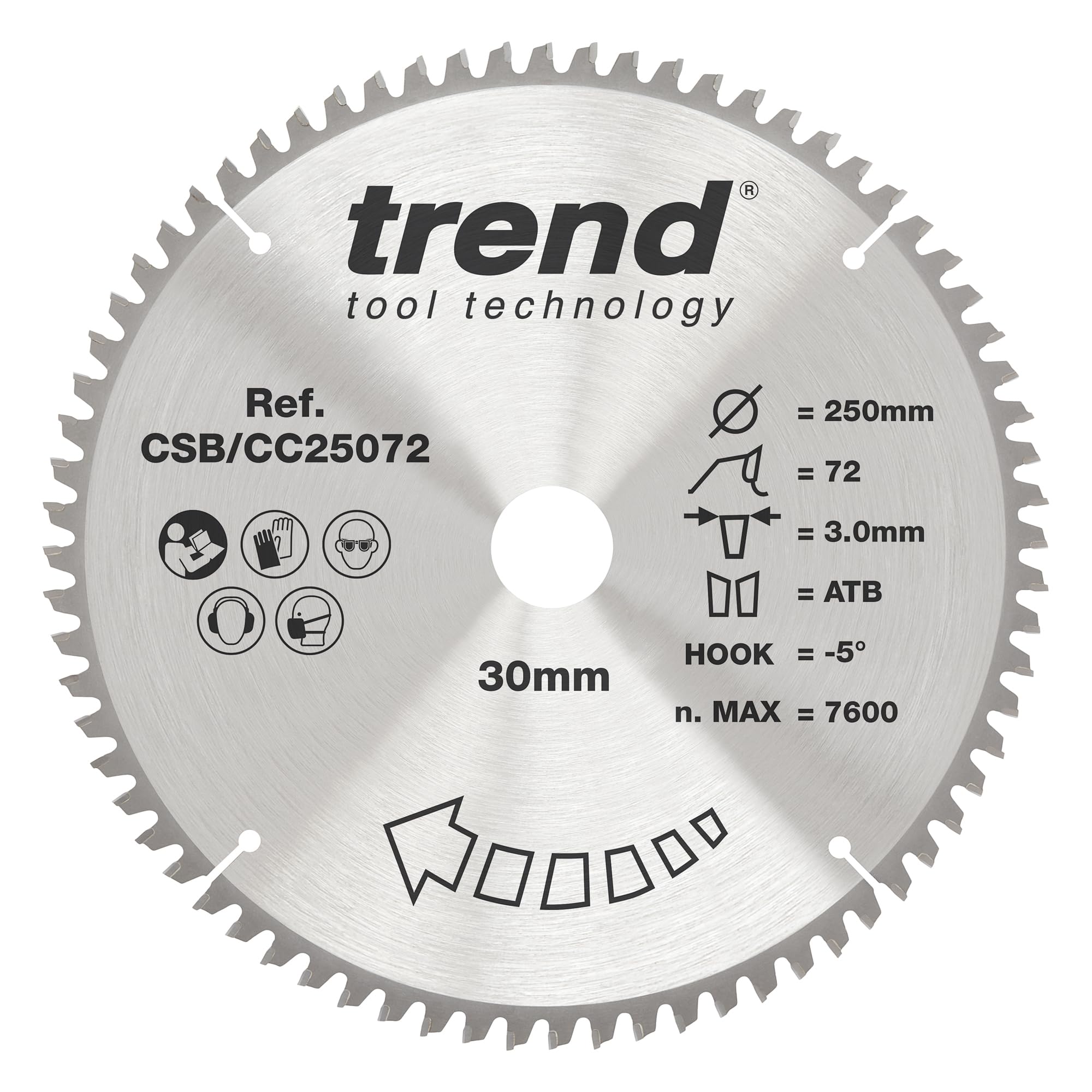 Trend Wood Mitre Saw Blade, 250mm Diameter, 30mm Bore, 72 Teeth, 3mm Kerf, -5...