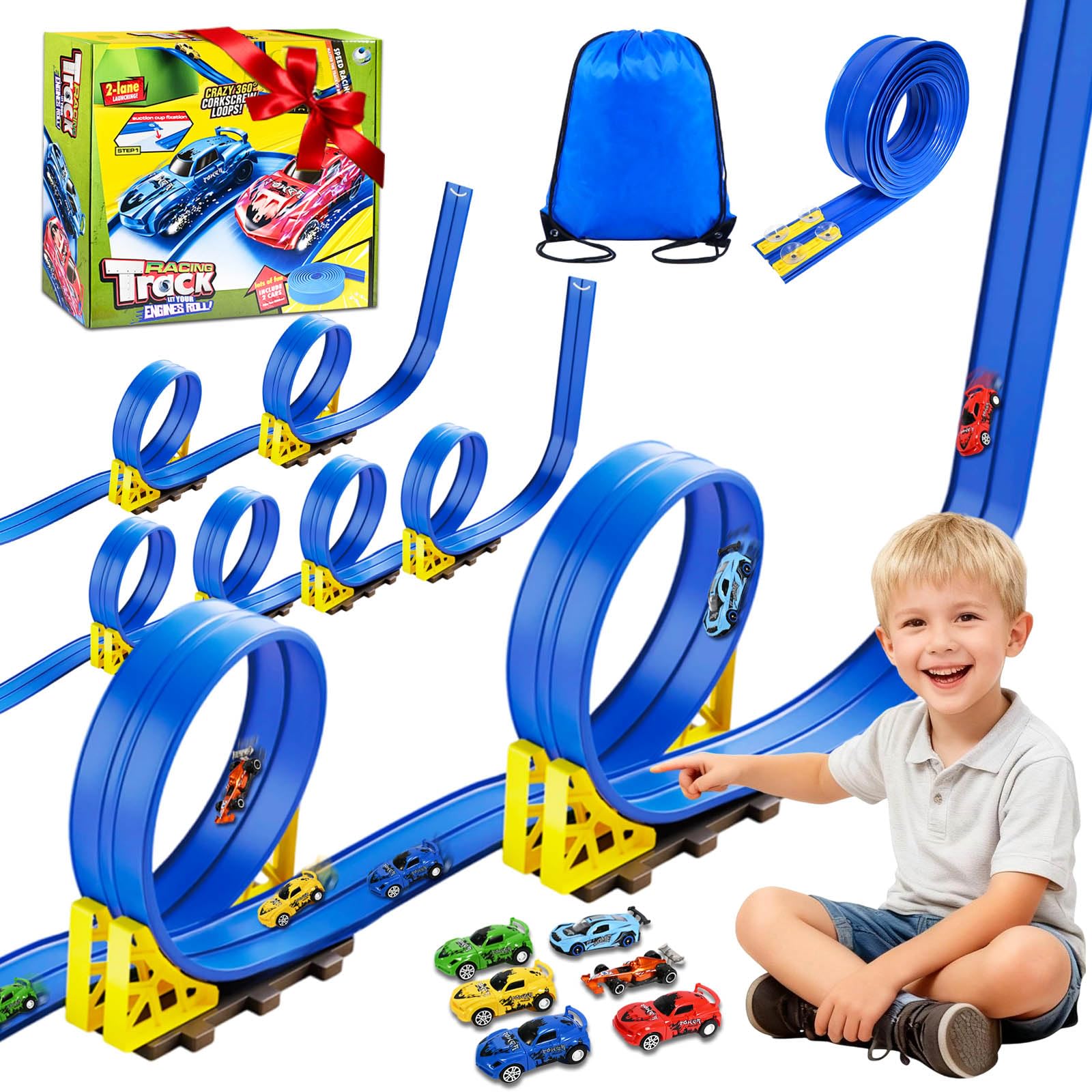 Circuit Voiture Enfant 5M, Piste de Course pour Voiture Double, 1:64 Circuit Flexible Voies avec 6 Voitures, Circuit de Voiture avec Sac de Rangement Ventouse Cadeau pour Garçons Filles (Bleu)