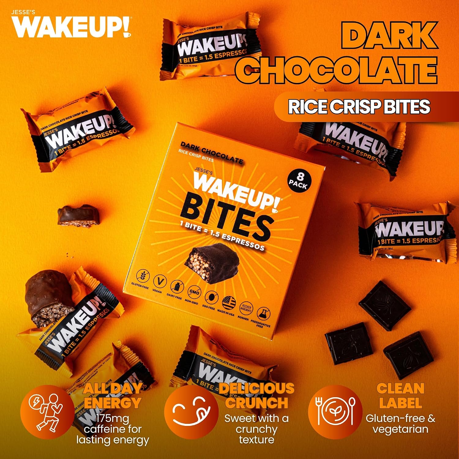 WAKEUP! Caffeinated Rice Crisp Energy Bites, Dark Chocolate, 3 Pack (24 Bites) | 175mg Caffeine Per Bite = 1.5 Espressos | Vegan, Gluten-Free, Kosher | Coffee Alternative for Focus, Study, Gym & Work