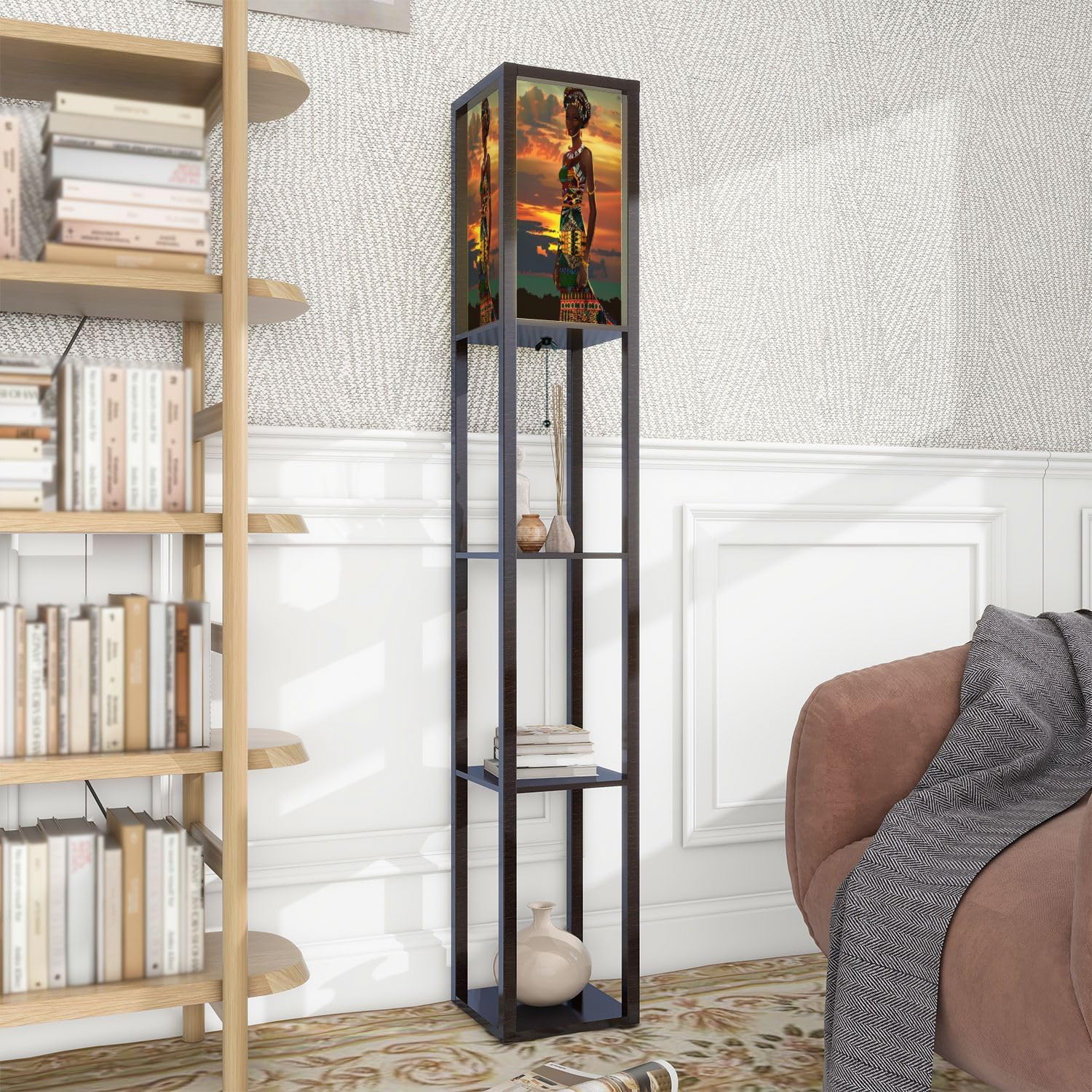 Standing Lamp with Shelves Tall Intricate African Dress Sunset Illustration Vertical Art Modern Wood Corner Lamp for Bedroom Living Room Office Floor Lamp Mid Century Room Decor
