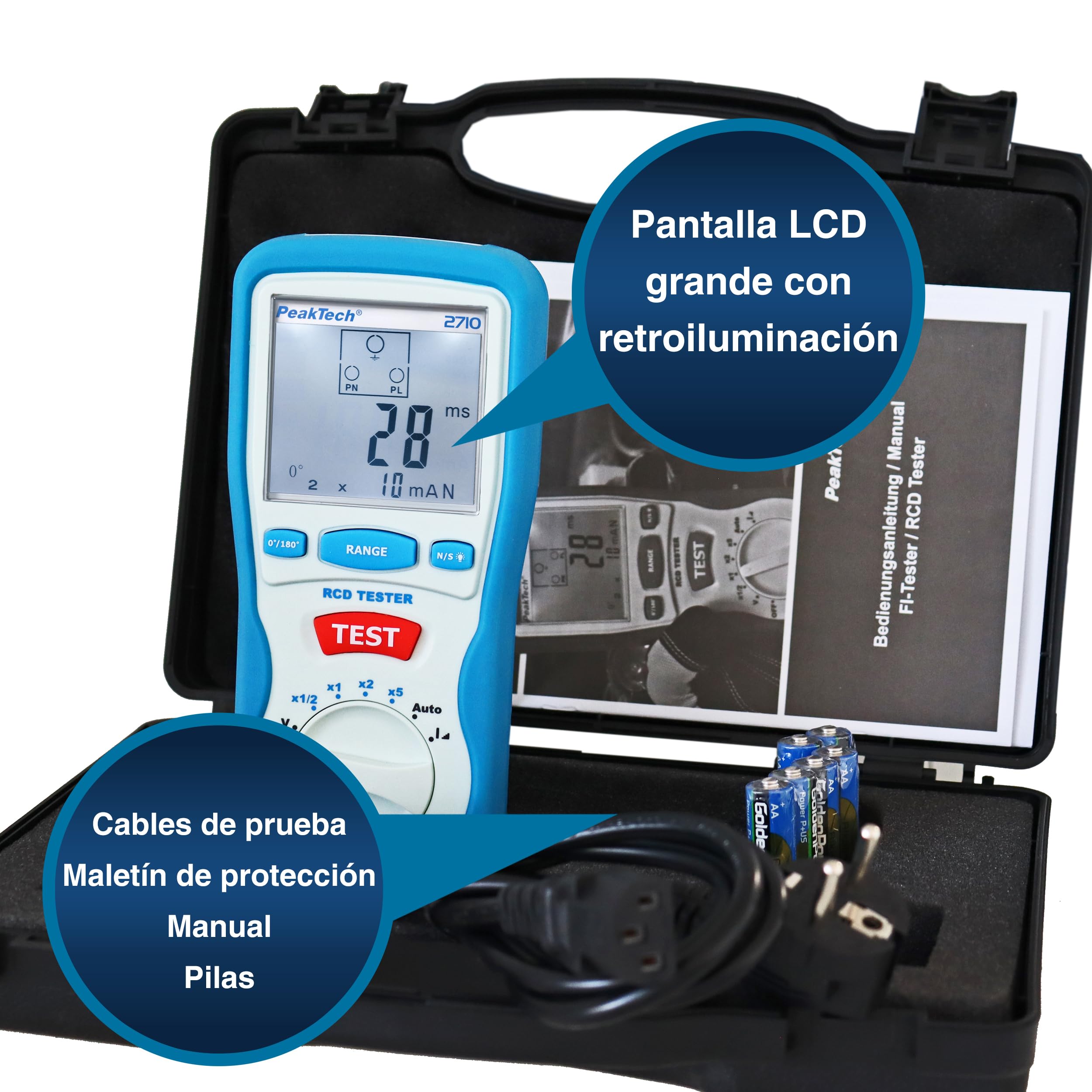 PeakTech 2710 – Probador digital de FI con pantalla LCD grande, disyuntor de corriente residual, cuchilla RCD, carcasa con doble aislamiento, voltaje de funcionamiento 230V / 50Hz - CAT III 600 V