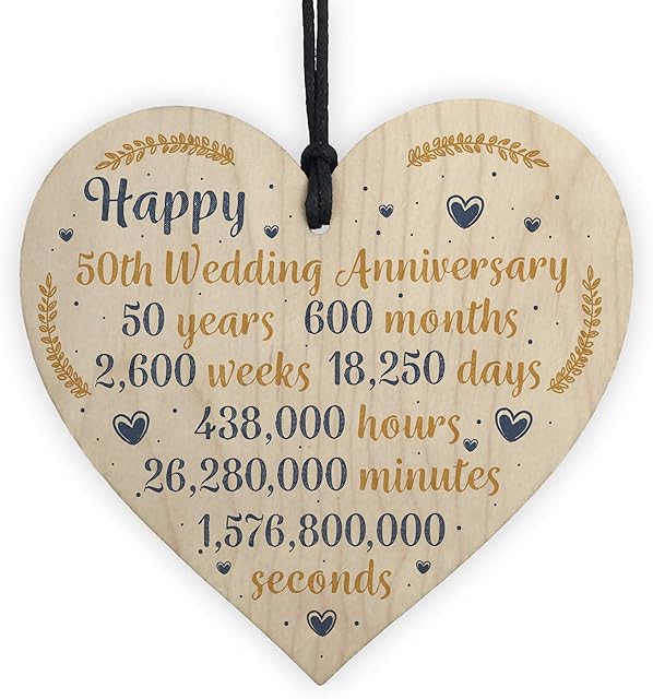 RED OCEAN Happy 50th Wedding Anniversary Sign Gift Wooden Heart Fifty Years Husband Wife Keepsake Gift Plaque