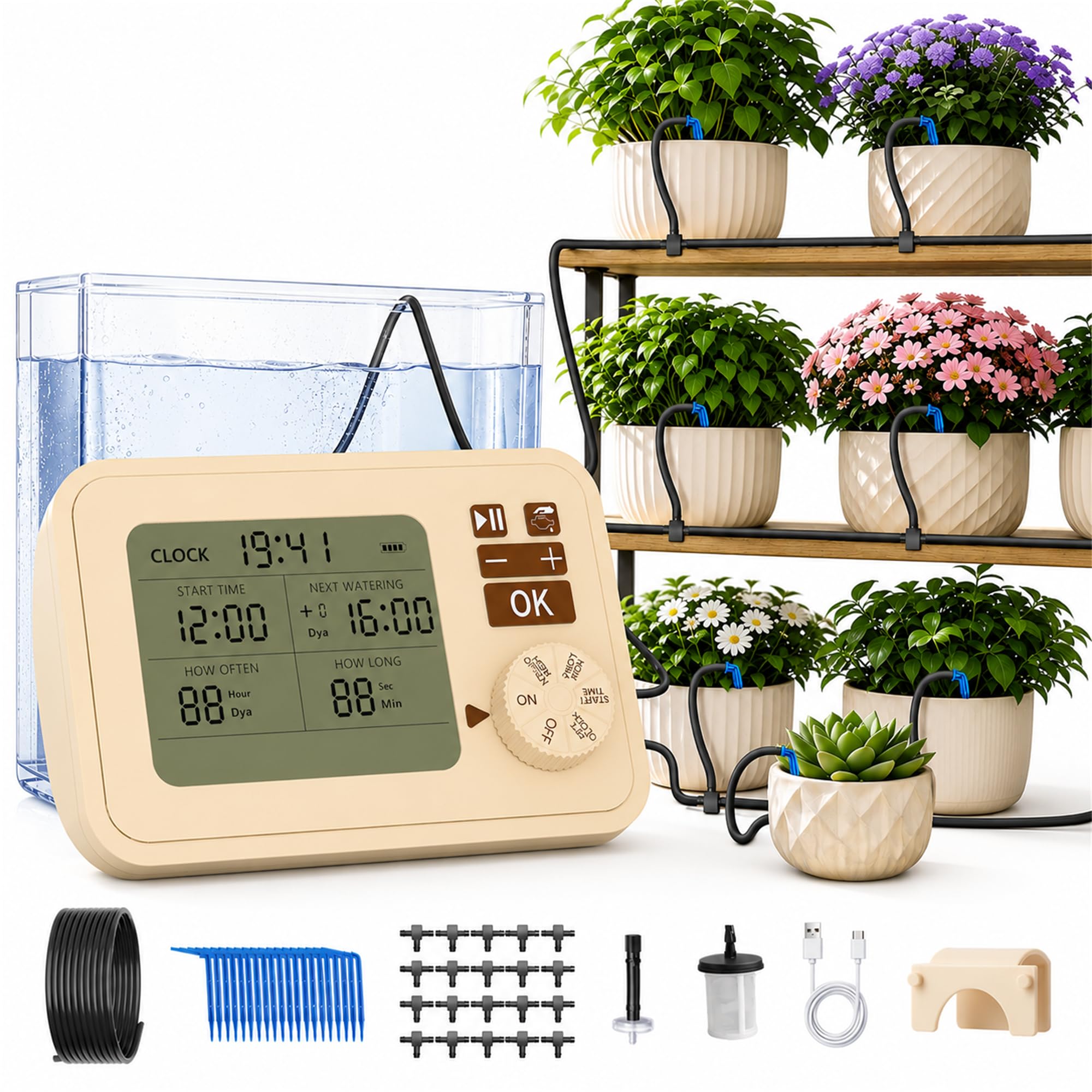 PChero Riego Automático con Temporizador, 15m Manguera Gotera, 20 Goteadore | Riego Interior con Temporizador Programable y Accesorios para Plantas en Maceta, Invernadero, Balcón y Jardín Elevado