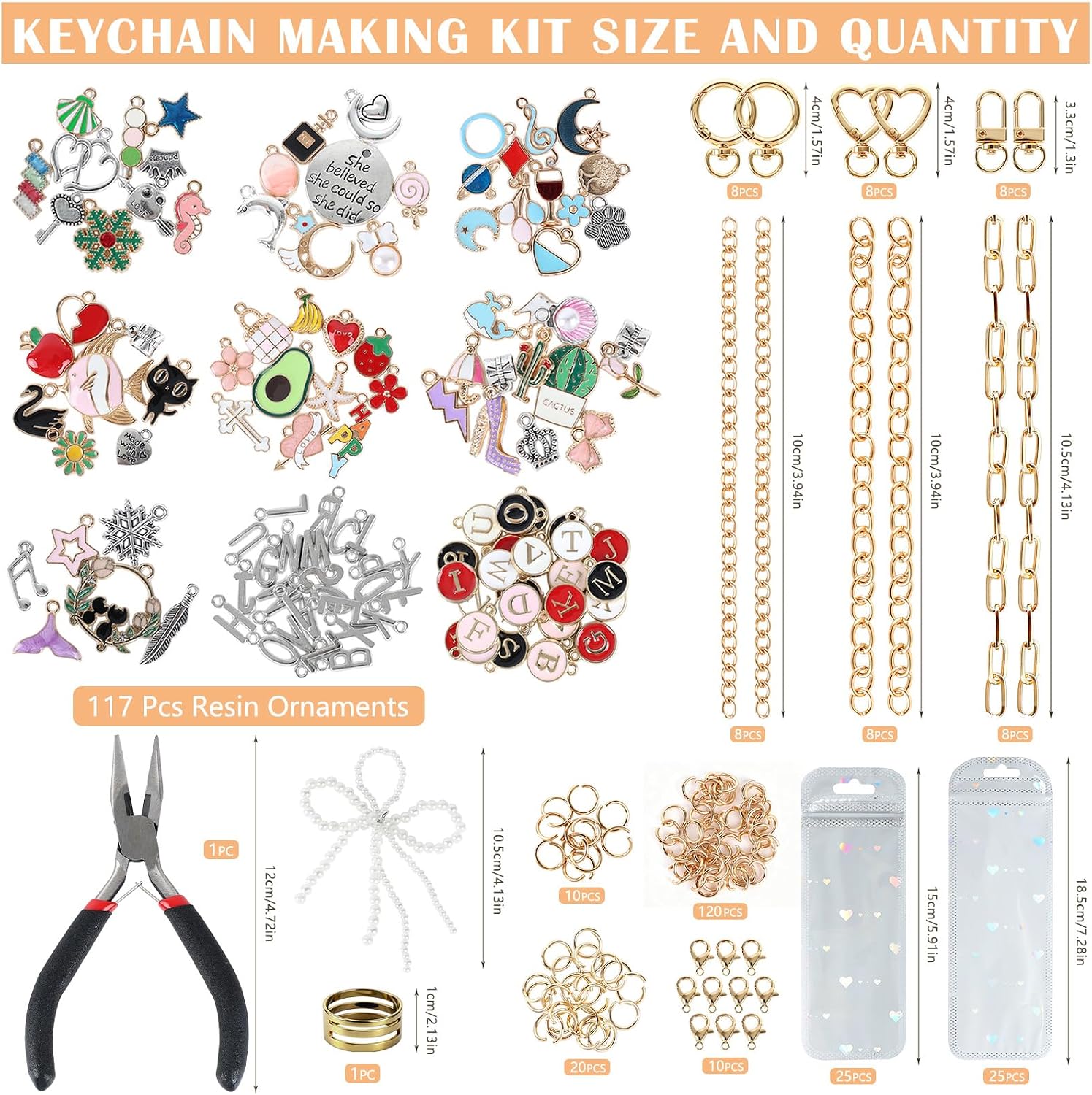 Himake 389Pcs Charms Lip Gloss Keychain Making Kit, DIY Bag Charm Kit with Gift Bag, Key Chain Making Supplies Including Charms, Clips, Chains, Plier & Tools