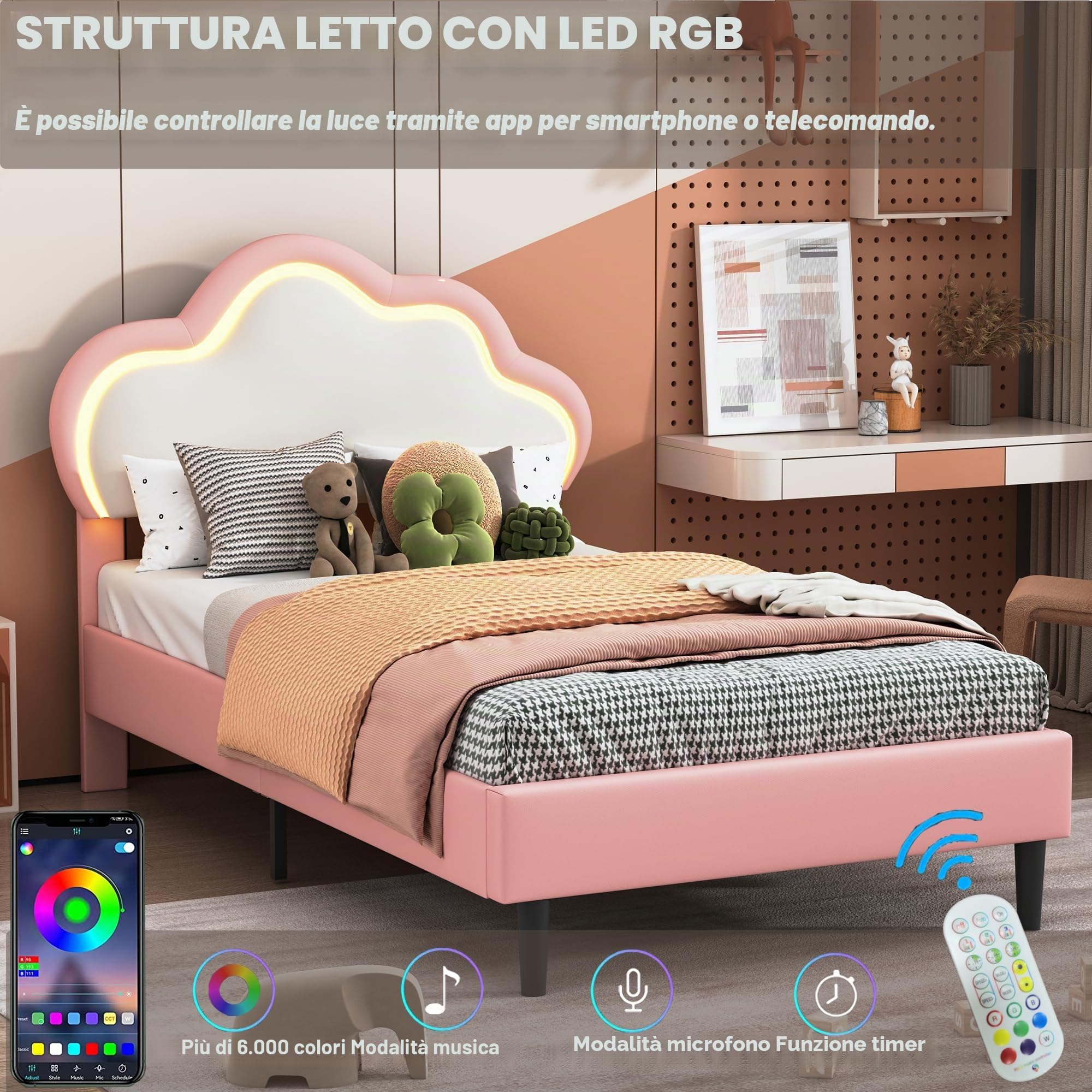 Letto bambini 90 x 200 cm, letto bambina con design a nuvole, illuminazione a LED e testiera regolabile, letto per bambini per cameretta dei bambini, senza materasso (rosa+PU(2), 90 x 200)