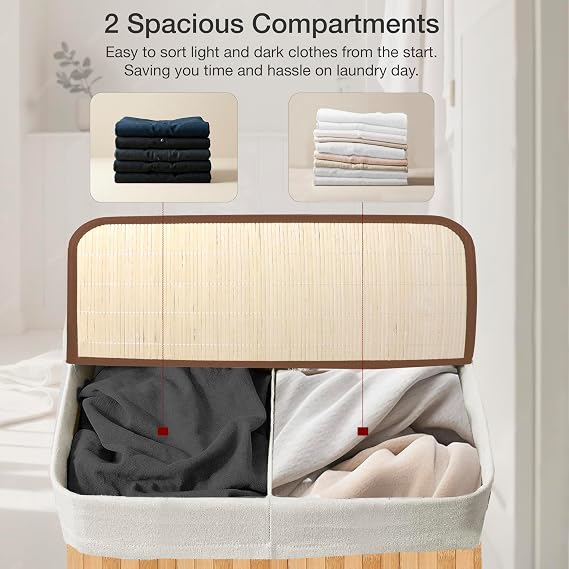 Knight Bamboo Laundry Hamper 105L - Dual Compartment Basket, Removable & Washable Liner, Foldable, Natural, for Bedroom & Bathroom, 52x32x63cm (Natural)