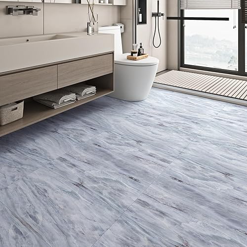 Miniatura 10 de Livelynine Azulejos de suelo de mármol azul de 24 x 12 pulgadas, 4 azulejos para pegar en el baño, azulejos de vinilo impermeable para despegar y