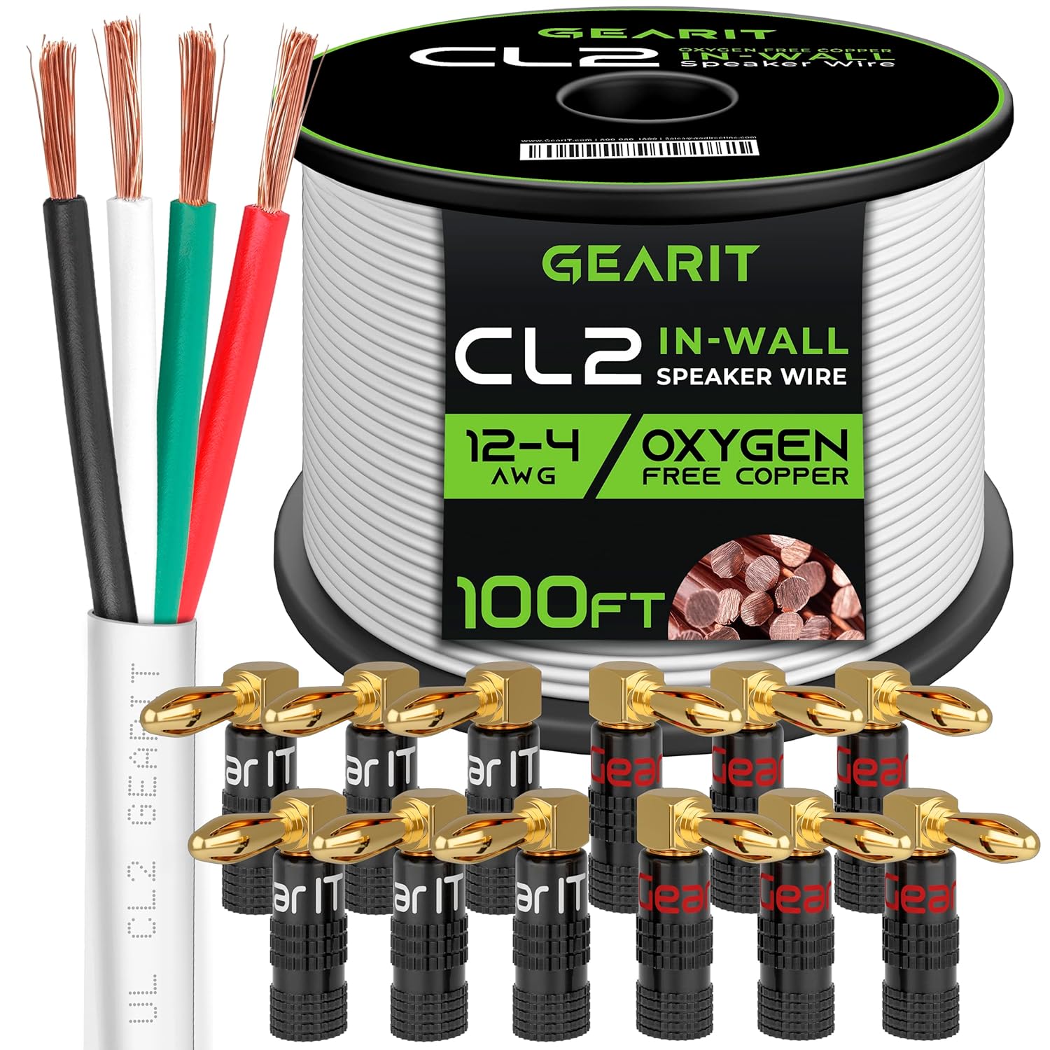 GEARit 100ft 12AWG 4C CL2 Wire & 12 Rt Angle Banana