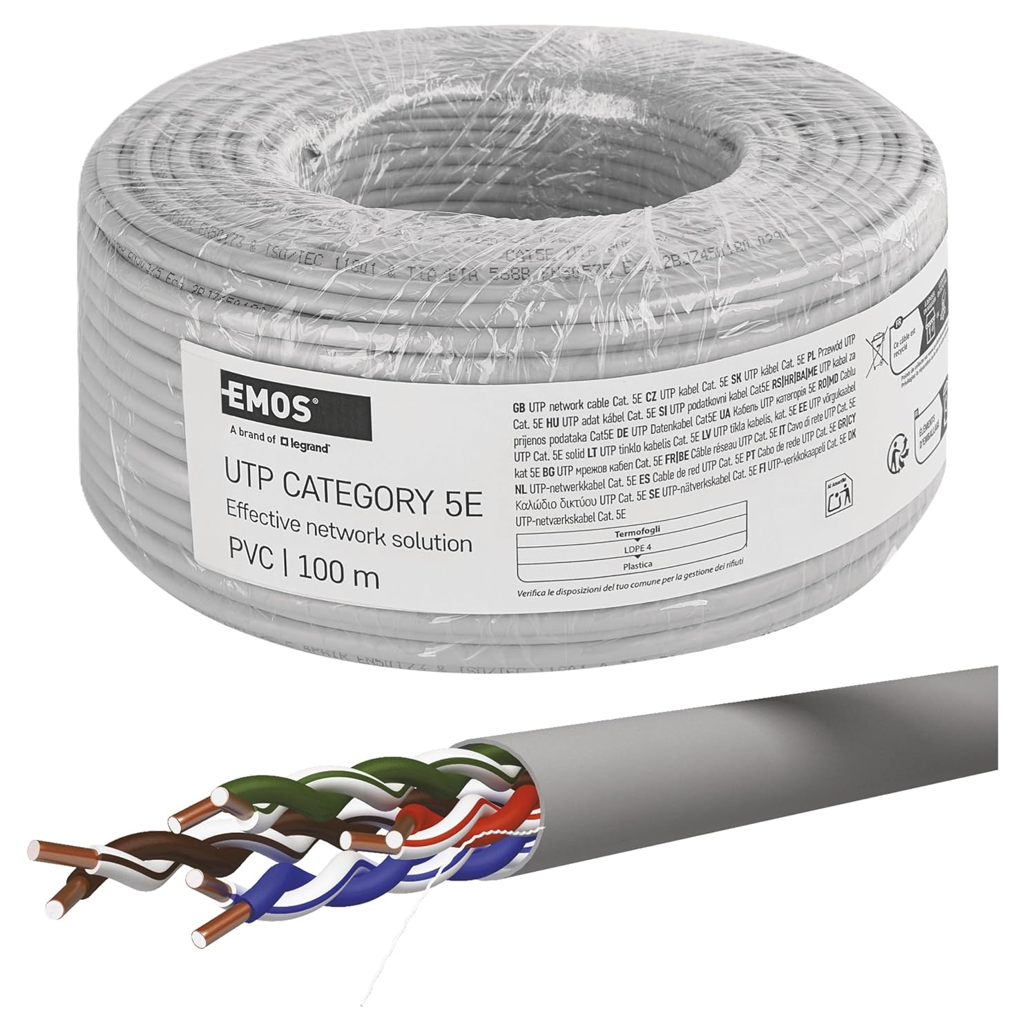 EMOS - UTP network cable CAT 5e, 100m, PVC - CAT5e patch cable UTP - copper wire - Gigabit LAN cable - unshielded Ethernet cable - for indoor use