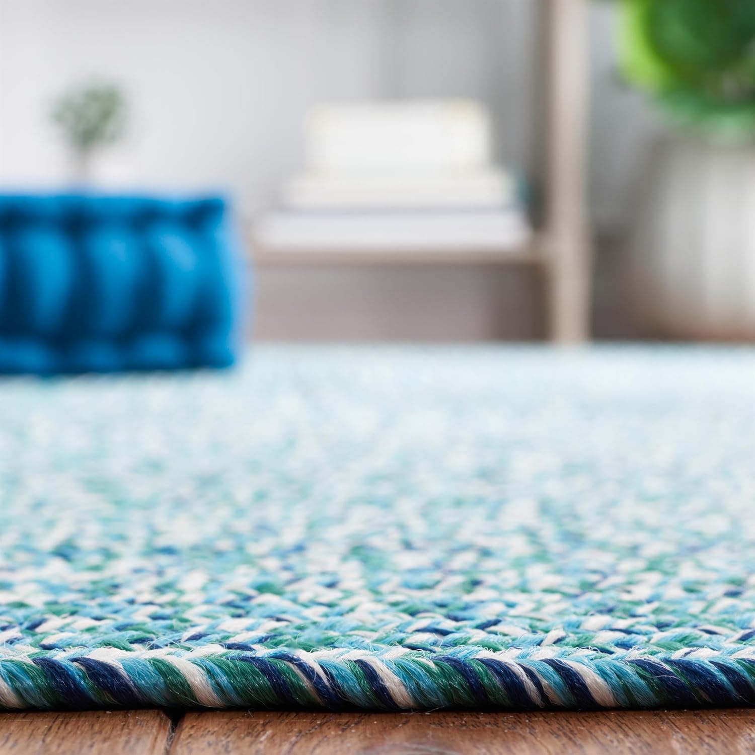 SAFAVIEH Washable Rug Outdoor Braided Collection - 8' Square, Teal & Green, Handmade & Reversible, Non-Shedding & Easy to Clean, Ideal for Patio, Backyard, Mudroom (BRA201K)