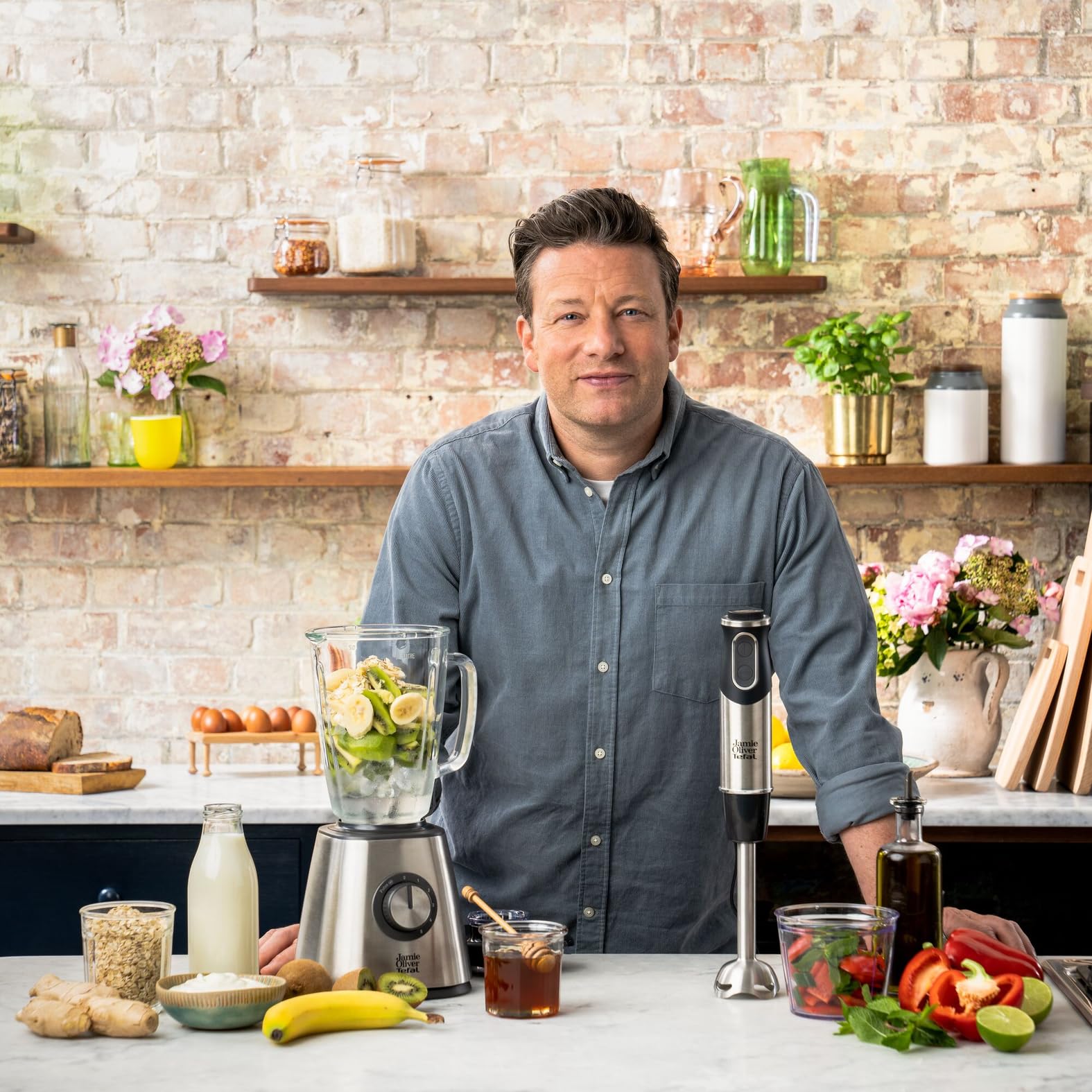 Tefal HB65JD Jamie Oliver Stabmixer, 1000 Watt, Zerkleinerer-Aufsatz, Edelstahl-Pürierstab, Spülmaschinengeeignet