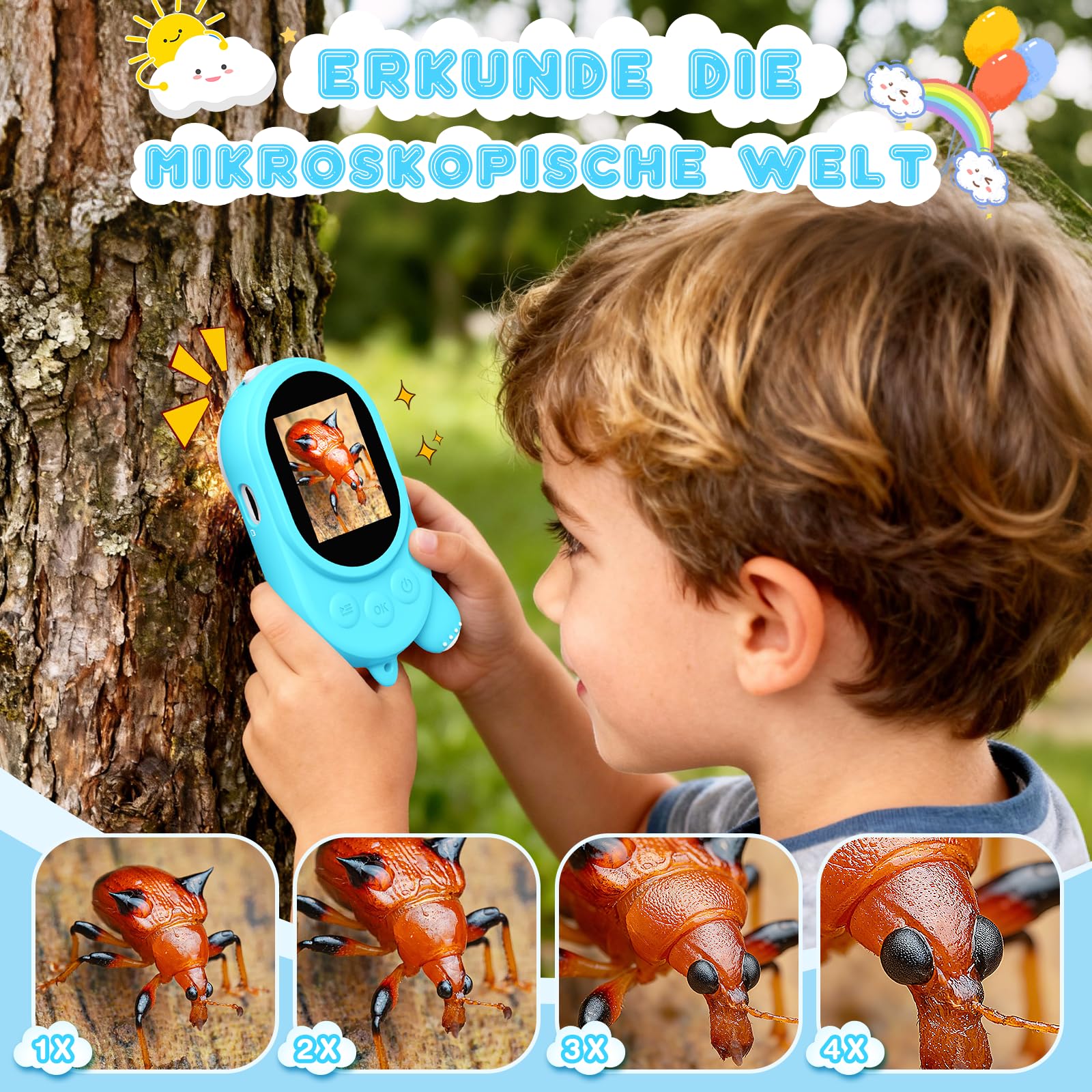 Mikroskop für Kinder - Digital Lupe Kinder mit 2-Zoll LCD HD Bildschirm, Handy Kinderkamera Microscope mit 8 LED Licht, Tragbares Taschenmikroskop mit 8G-Karte, Mini-Mikroskope Draussen - Blau