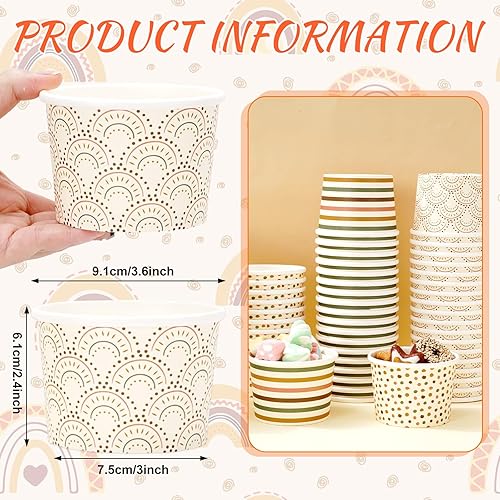 Miniatura 2 de Whaline 60 tazas de papel boho de 8 onzas, 3 estilos, bohemias, arco iris, lunares, rayas, tazones de papel desechables, cuencos de postre bohemios,