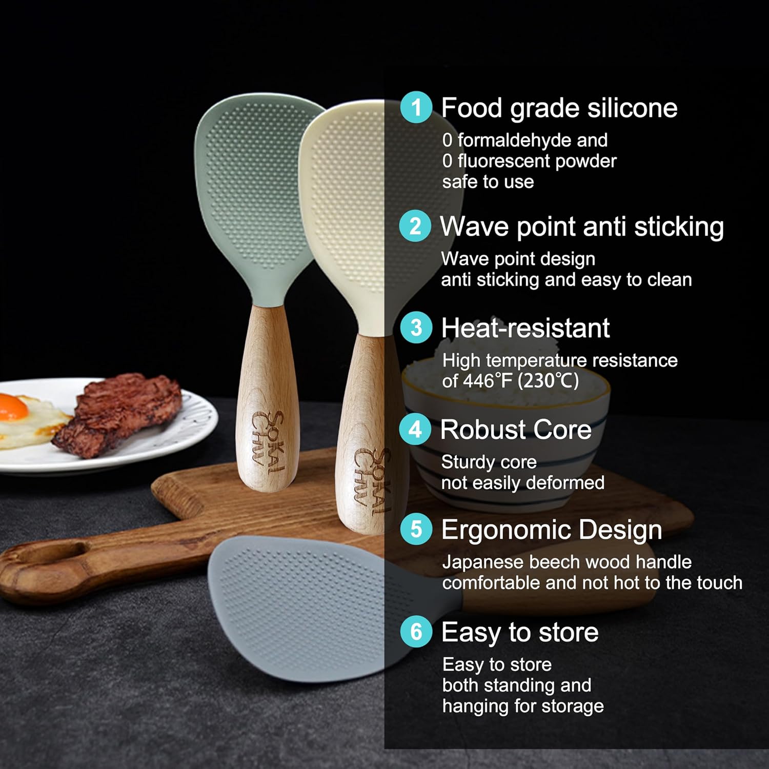 Silicone Rice Spoon Paddle with Wooden Handle Standing