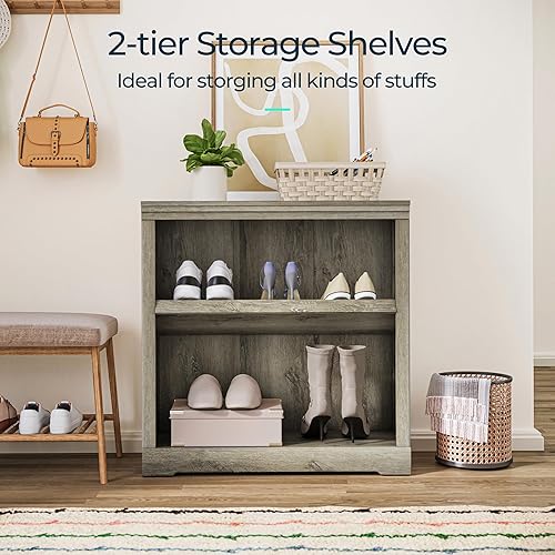 Miniatura 4 de LINSY HOME Estantería y estantería de 2 niveles, estantes pequeños de almacenamiento de madera para oficina en casa, sala de estar, dormitorio,